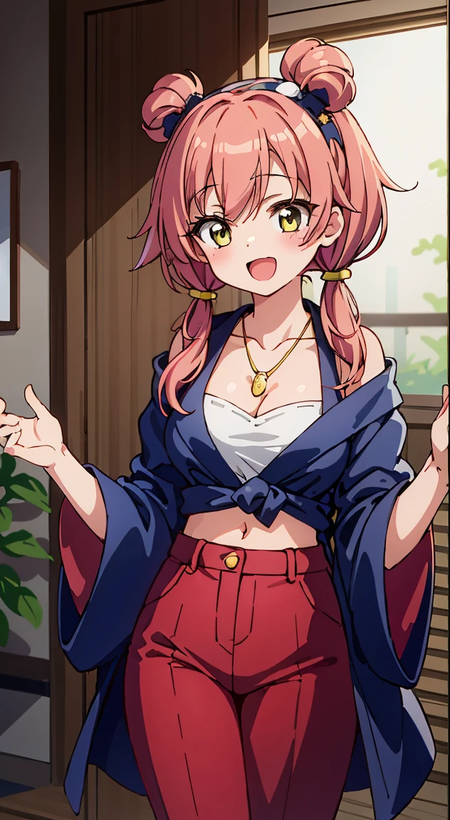 (masutepiece, Best Quality, Perfect Anatomy, High quality:1.4), nice hand, Perfect hands, Detailed beautiful hands, Large_filesize, fulcolor, hight resolution, symmetric, exceptional, Best aesthetic, newest, Anime, very beautiful detailed body,The hair,faces,The eye, , BREAK,
1 beautiful girl, Solo,(Cute:1.5),(Chibi:0.8), (kawaii:1.5),(Lori:0.5), BREAK, (girl, Cute, Cheerful, face, medium breasts:1.2),(Pink hair,disheveled short twin tails,tareme,Gold eyes:1.2),gleaming skin,Clear skin, cleavage of the breast,Beautiful , gleaming skin,Clear skin, Beautiful skin,( A smile:1.5),(best quality face),(Top quality glowing eyes), (The best smile,Doya face:1.45), BREAK,
girl, black eyelashless hair), (red hairband, Braid hair), (Mushrooms on the head),
Break HA,
(light yellow blouse:1.2), (wide pants skirt, red pants skirt:1.2), blue pendant necklace, (Flat color),
BREAK,(morning), inside in room,A room in a dilapidated apartment,Tatami mats,window,Chabudai,unit bath door,entranceway,scattered diapers,naked girl poster,coke,on back, tusk, Open mouth, Looking away,depth of fields,
BREAK,wakame,wakame,wakame,(Cowboy Shot:1.4),
BREAK,(Blurry background:1.3),(absurderes, hight resolution, Super Detail Art),cel shading,Clear Color, Lonely optical effect, Beautiful pictures, Bright glow, mystic atmosphere,(Close-up of girl:1.1), Mystical light particle effect,manga influence, clean line drawings,