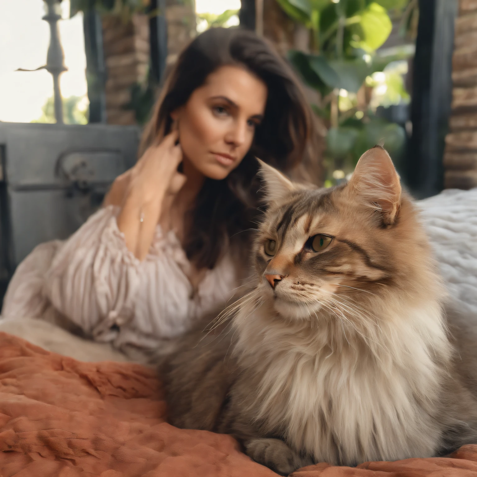 a hazel eyed cat protecting a beautiful brunette woman face looking straight at camera (masterpiece: 1.5) (photorealistic: 1.1) (bokeh) (best quality) (detailed skin texture pores hair: 1.1) (intricate) (8k) (HDR) (wallpaper) (cinematic lighting) (sharp focus )