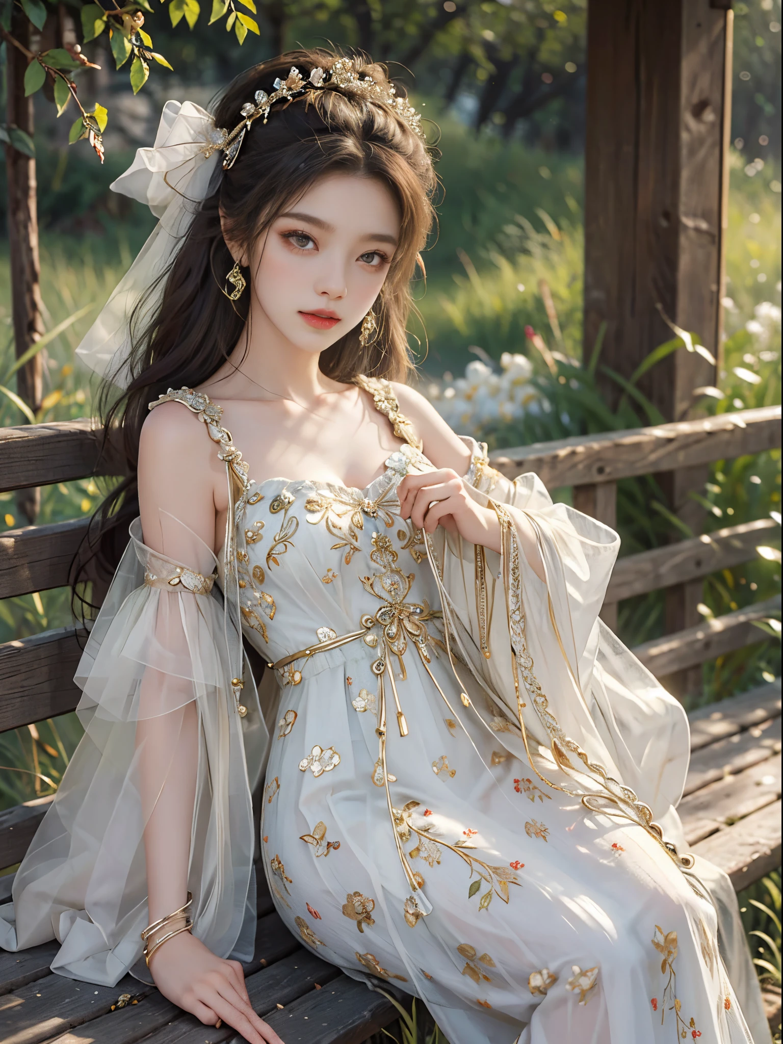 Sweet girl clothes10,korean dress,fashi-girl, red lips, mature female, makeup, Big eyes, Pretty eyes, ((full body)), ((Random shooting angles)), (best quality, masterpiece:1.2), ultra-detailed, (realistic:1.37), beautiful, youthful, glamorous model with (detailed eyes, detailed lips, extremely detailed eyes), with white and floral colors, showcasing a radiant smile, creating a breathtaking depiction of a girl, Warm tones, extremely high color saturation, official art, extremely detailed CG unified 8k wallpaper,(High dynamic range :1.4), (cinematic),(soft colors, dull colors, soothing tones :1.3), (natural skin texture, ultra-realistic, soft light, sharp),(very detailed), Night, moonlight, In an antique pavilion, sit on a bench against the guardrail