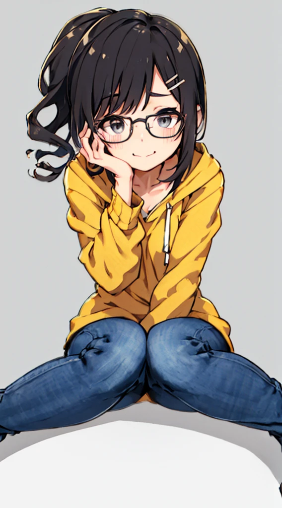 ​masterpiece, top-quality, One lady, Japan people in their 20s, A slight smil, (A dark-haired, Short perm, Strengthen curly hair and waves, Shorthair, With bangs, Gather your hair in a ponytail, attach hairpins to bangs), (thick eyebrow, draw thick eyebrows), (drooing eyes, Blue eyes, Blue eyes), Small nose, Thicker lips, (Rimless glasses, Small glasses, glasses for women), a smile, Wheat-toned skin, orange zip-up hoodie, Blue jeans, and draw the full body, Sitting pose with knees raised, Put your hands on your face, (Looking at the camera, Front of camera, Look at viewers, Front attitude, Turn your face to the viewer, face forwards).