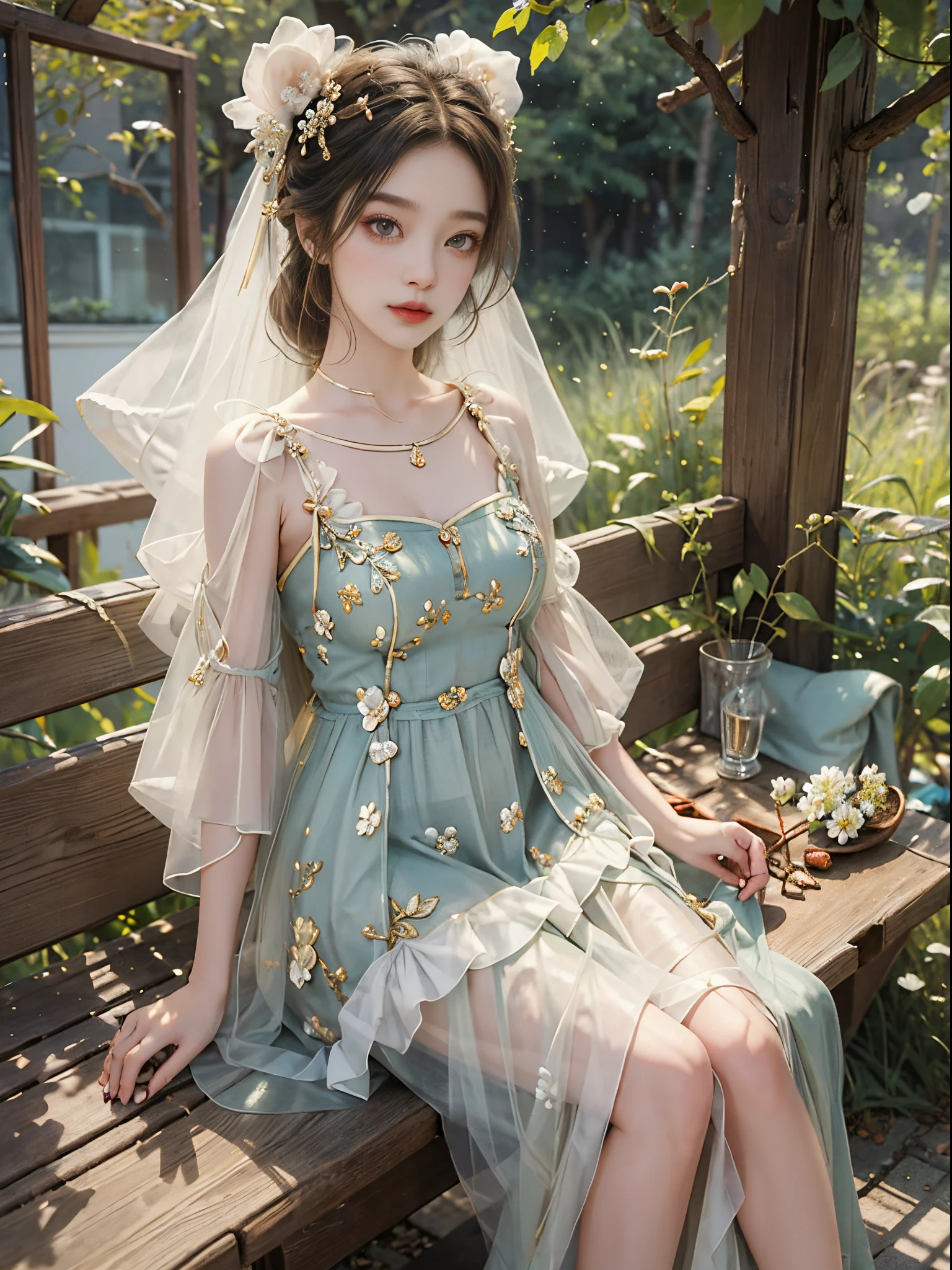 Sweet girl clothes10,korean dress,fashi-girl, red lips, mature female, makeup, Big eyes, Pretty eyes, ((full body)), ((Random shooting angles)), (best quality, masterpiece:1.2), ultra-detailed, (realistic:1.37), beautiful, youthful, glamorous model with (detailed eyes, detailed lips, extremely detailed eyes), with white and floral colors, showcasing a radiant smile, creating a breathtaking depiction of a girl, Warm tones, extremely high color saturation, official art, extremely detailed CG unified 8k wallpaper,(High dynamic range :1.4), (cinematic),(soft colors, dull colors, soothing tones :1.3), (natural skin texture, ultra-realistic, soft light, sharp),(very detailed), Night, moonlight, In an antique pavilion, sit on a bench against the guardrail