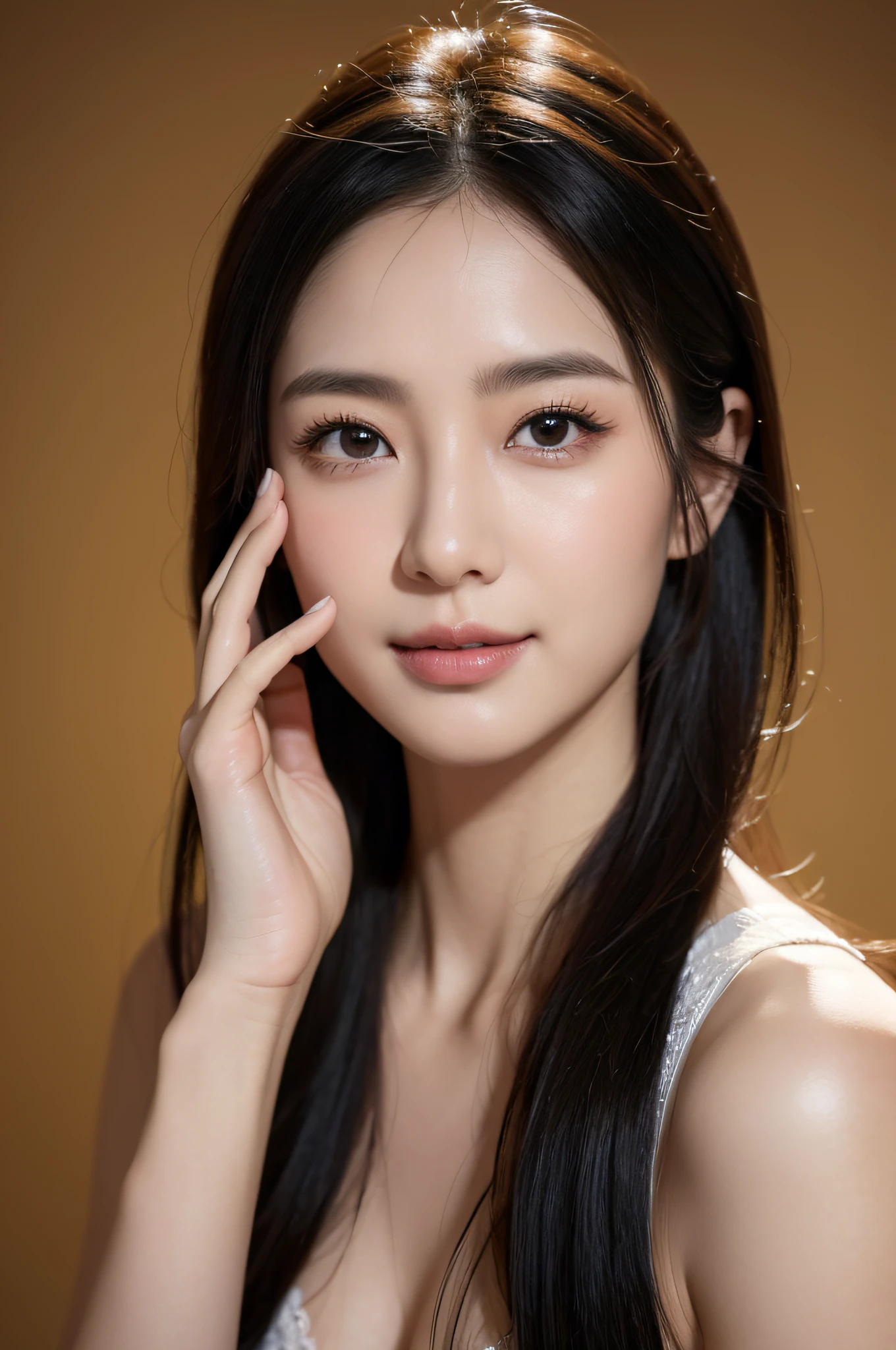 (8K、Raw photography、top-quality、masuter piece:1.2)、ultra-detailliert、ultra res、(realisitic、rialistic photo:1.37)、portlate、high-definition RAW color photography、Professional Photography、highly detailed and beautiful、ighly detailed、8K Picture Wallpaper、amazing detailed、huge filesize、Official art、Highly detailed CG Unity 8K wallpaper Highly detailed woman、extra detailed face、extremely detailed eye、highlydetailed skin、extremely detailed fingers、highly detailed nose、very detailed detailed mouth、Perfect Anatomy、1人、(20:1.2)、Female age 40 years old、Realistic body、小柄、de pele branca、Shining skin black hair、Semi-long、A smile、clean、Clean face、Lifelike face、Delicate eyes、Sauce order、an lingerie、see -through、耳环、Looking at the camera、cowboy shot、sideways Facing、standing athletic pose、Contrapo、动态照明、up of face、Beautiful skin、madame、Close your eyes、Put hand on cheek