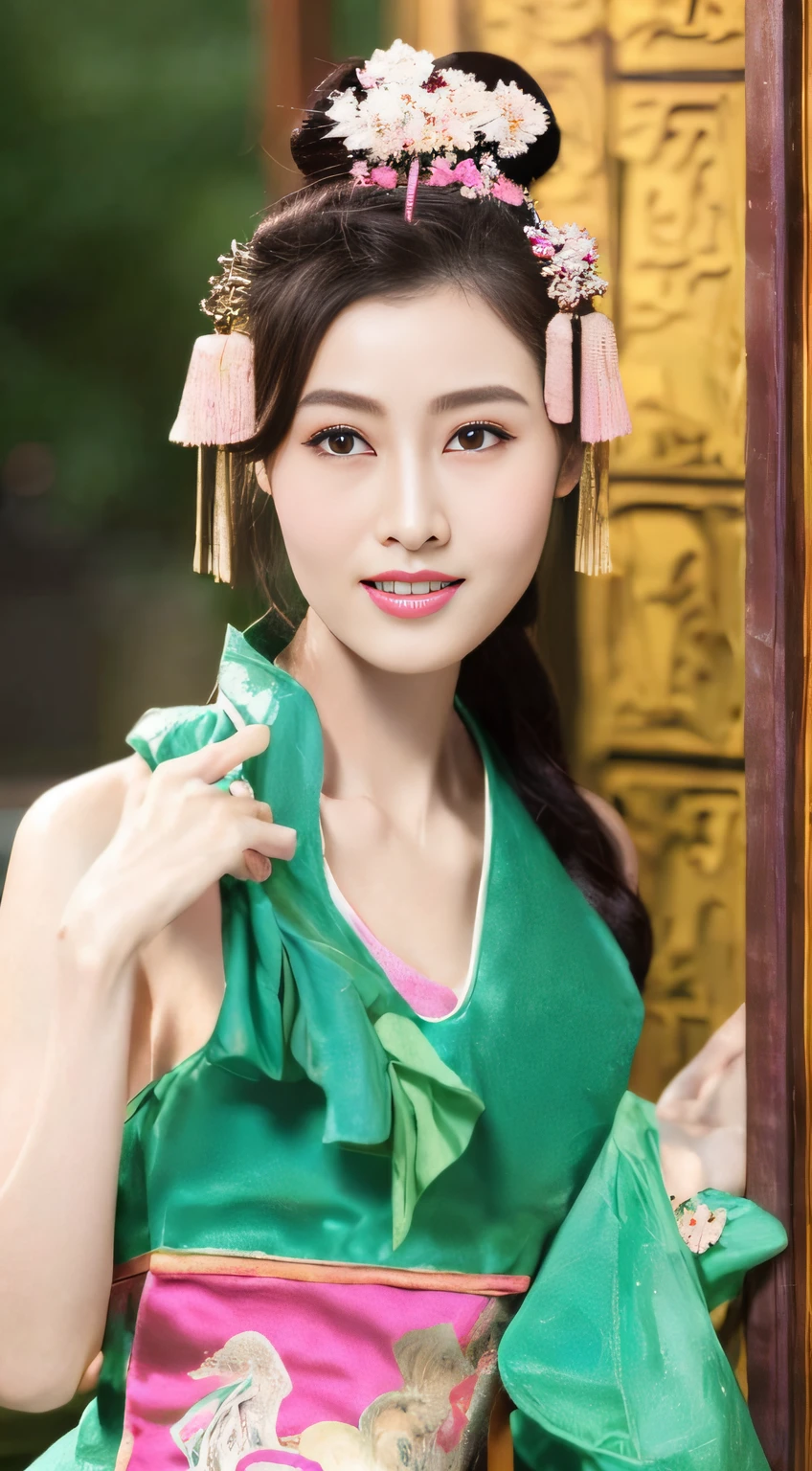 Fashion model 18 years old， [[[[Close-up cleavage]]]], [[[[]]]], [[[[Cole]]]], [[[[bshoulder]]]], perfect  eyes, Perfect iris，perfect lips，perfect teeth，Perfect Skin，with fair skin，HighDynamicRange，Movie Girl，(delicated face)，(Highly defined faces)，(((Pink ancient Chinese costume)))，(((Ancient Chinese bedroom in the background)))，(green trees outside the window，flowers blooming)，4K Ultra HD, 超高分辨率, (realistically: 1.4), Best quality，tmasterpiece，（pastel colour：1.2）