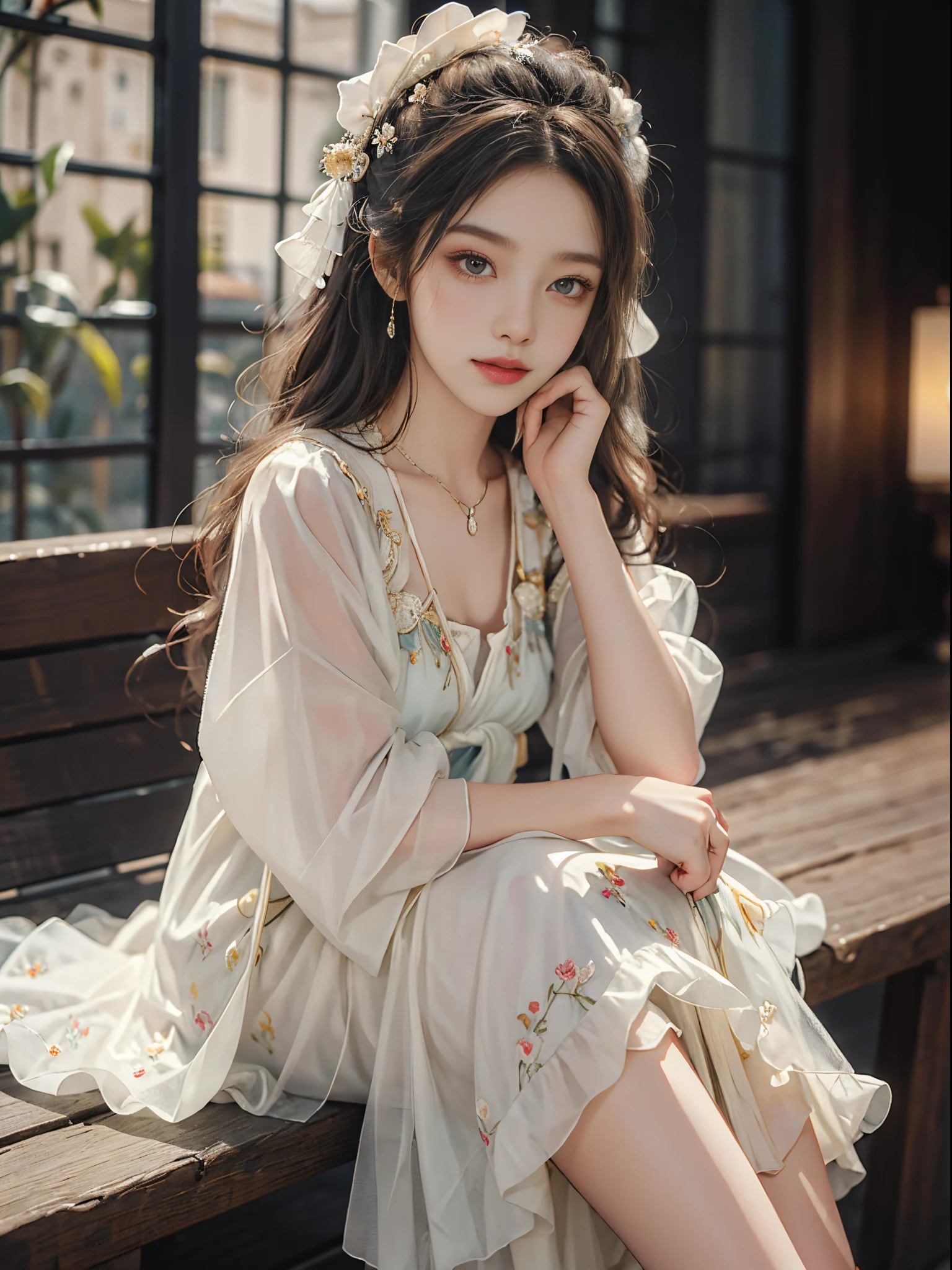 Sweet girl clothes10,korean dress,fashi-girl, red lips, mature female, makeup, Big eyes, Pretty eyes, ((full body)), ((Random shooting angles)), (best quality, masterpiece:1.2), ultra-detailed, (realistic:1.37), beautiful, youthful, glamorous model with (detailed eyes, detailed lips, extremely detailed eyes), with white and floral colors, showcasing a radiant smile, creating a breathtaking depiction of a girl, Warm tones, extremely high color saturation, official art, extremely detailed CG unified 8k wallpaper,(High dynamic range :1.4), (cinematic),(soft colors, dull colors, soothing tones :1.3), (natural skin texture, ultra-realistic, soft light, sharp),(very detailed), Night, moonlight, In an antique pavilion, sit on a bench against the guardrail