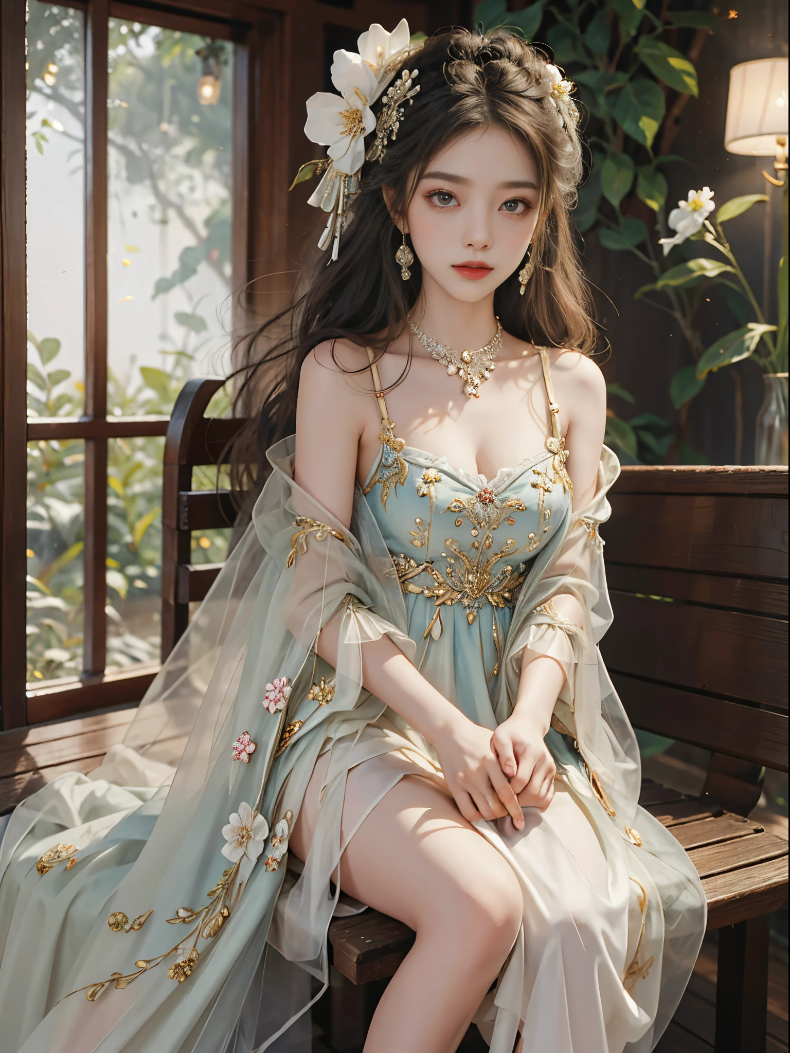 Sweet girl clothes10,korean dress,fashi-girl, red lips, mature female, makeup, Big eyes, Pretty eyes, ((full body)), ((Random shooting angles)), (best quality, masterpiece:1.2), ultra-detailed, (realistic:1.37), beautiful, youthful, glamorous model with (detailed eyes, detailed lips, extremely detailed eyes), with white and floral colors, showcasing a radiant smile, creating a breathtaking depiction of a girl, Warm tones, extremely high color saturation, official art, extremely detailed CG unified 8k wallpaper,(High dynamic range :1.4), (cinematic),(soft colors, dull colors, soothing tones :1.3), (natural skin texture, ultra-realistic, soft light, sharp),(very detailed), Night, moonlight, In an antique pavilion, sit on a bench against the guardrail