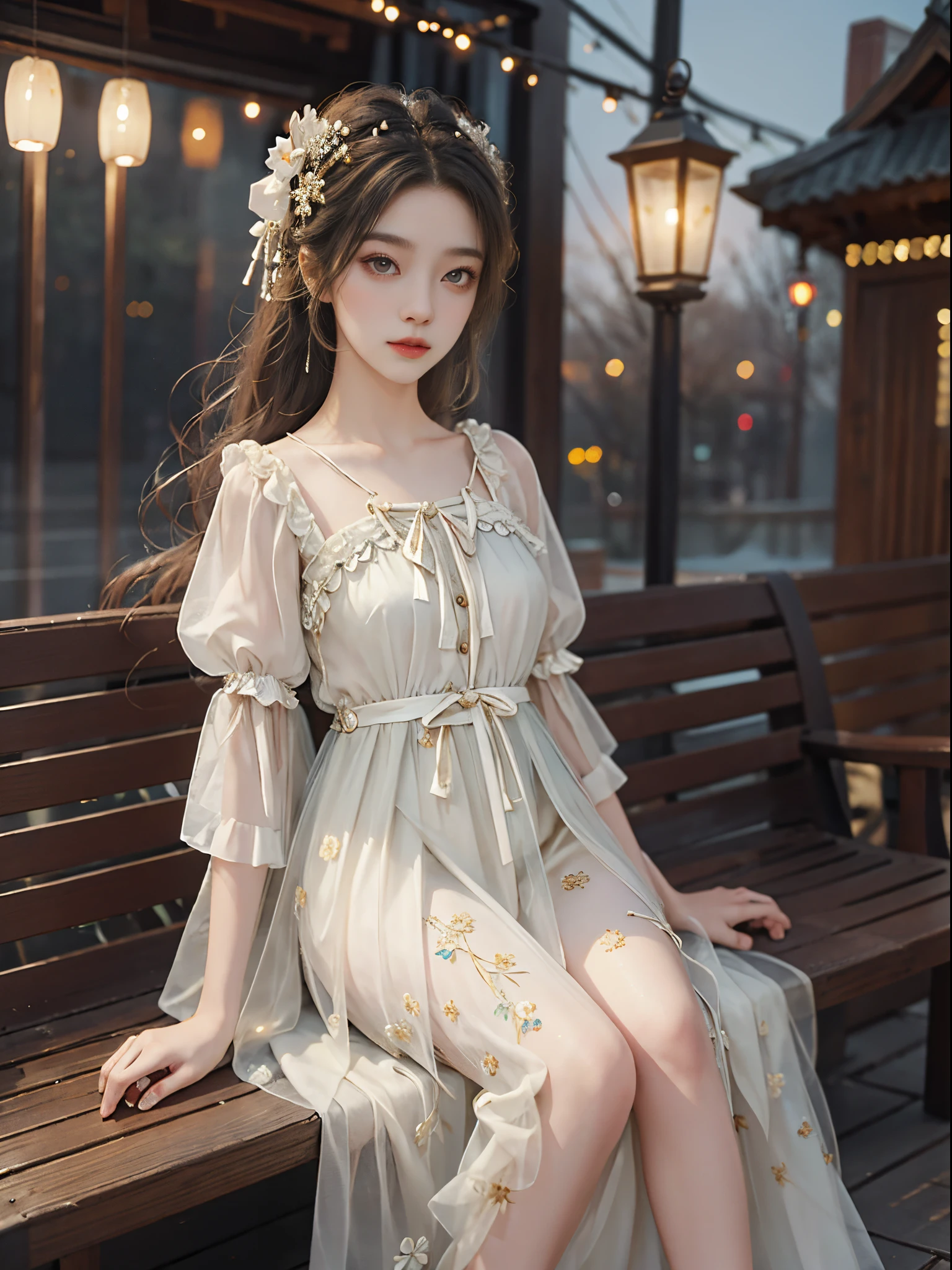 Sweet girl clothes10,korean dress,fashi-girl, red lips, mature female, makeup, Big eyes, Pretty eyes, ((full body)), ((Random shooting angles)), (best quality, masterpiece:1.2), ultra-detailed, (realistic:1.37), beautiful, youthful, glamorous model with (detailed eyes, detailed lips, extremely detailed eyes), with white and floral colors, showcasing a radiant smile, creating a breathtaking depiction of a girl, Warm tones, extremely high color saturation, official art, extremely detailed CG unified 8k wallpaper,(High dynamic range :1.4), (cinematic),(soft colors, dull colors, soothing tones :1.3), (natural skin texture, ultra-realistic, soft light, sharp),(very detailed), Night, moonlight, In an antique pavilion, sit on a bench against the guardrail