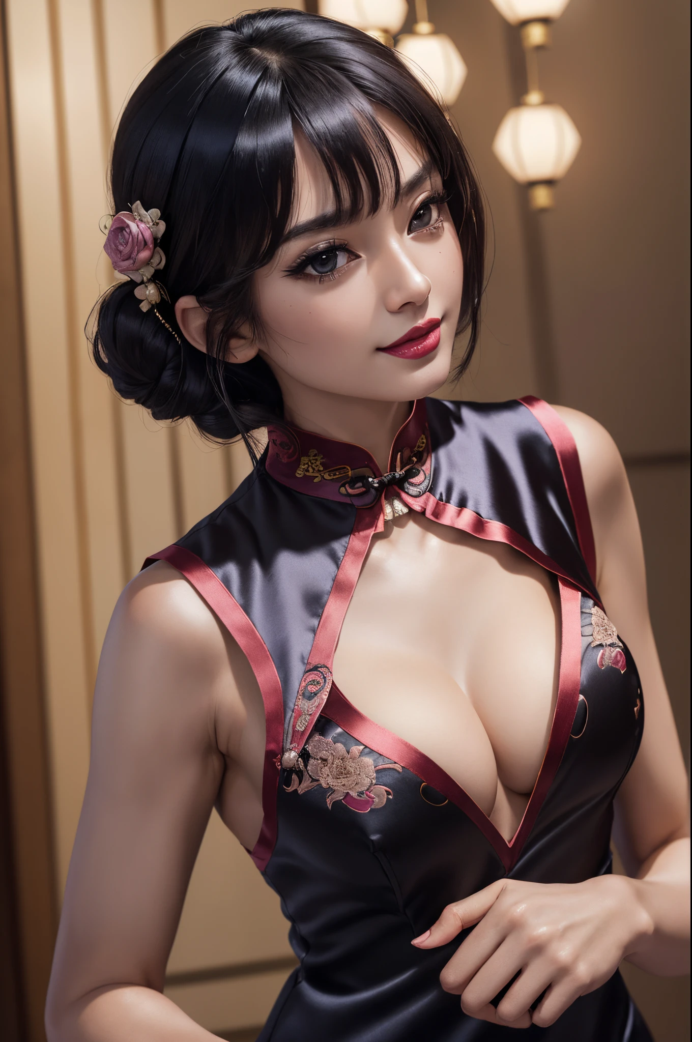 ((Best Quality, 8K, masutepiece: 1.3)), Super beautiful like the real thing)1(Beautiful breasts:1.3), (Abs, Slender figure: 1.1), Sharp Focus, (((Intricate details)), high detailing, Upper body, One black twin bun hair with bangs, (Luxury Satin Cleavage Cutout Evening Cheongsam:1.5), Detailed evening dresses, 8K, 8K resolution, clean detailed faces, Detailed body, detailed clothes, Sharp Images, Hyper Sharp Image, Japan anime concept art, Trending on ArtStation, Look at viewers, Facing the viewer, gazing at viewer, Seductive Sexy Pose, Seductive smile, pink lipsticks, Bokeh, field of depth, 8 life-size, 8K resolution, Upper body image, shot on EOS 5D Mark IV, 35mm lens, F1.8, luxury hotel, non-human background, Frame the head, detailed human hands, Perfect human hands, Perfect Anatomy, perfectly proportions, super sharp focus,