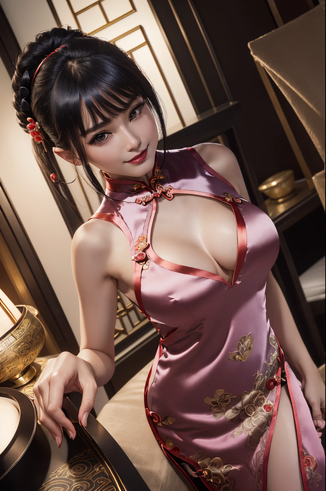 ((Best Quality, 8K, masutepiece: 1.3)), Super beautiful like the real thing)1(Beautiful breasts:1.3), (Abs, Slender figure: 1.1), Sharp Focus, (((Intricate details)), high detailing, Upper body, One black twin bun hair with bangs, (Luxury Satin Cleavage Cutout Evening Cheongsam:1.5), Detailed evening dresses, 8K, 8K resolution, clean detailed faces, Detailed body, detailed  clothes, Sharp Images, Hyper Sharp Image, Japan anime concept art, Trending on ArtStation, Look at viewers, Facing the viewer, gazing at viewer, Seductive Sexy Pose, Seductive smile, pink lipsticks, Bokeh, field of depth, 8 life-size, 8K resolution, Upper body image, shot on EOS 5D Mark IV, 35mm lens, F1.8, luxury hotel, non-human background, Frame the head, detailed human hands, Perfect human hands, Perfect Anatomy, perfectly proportions, super sharp focus,