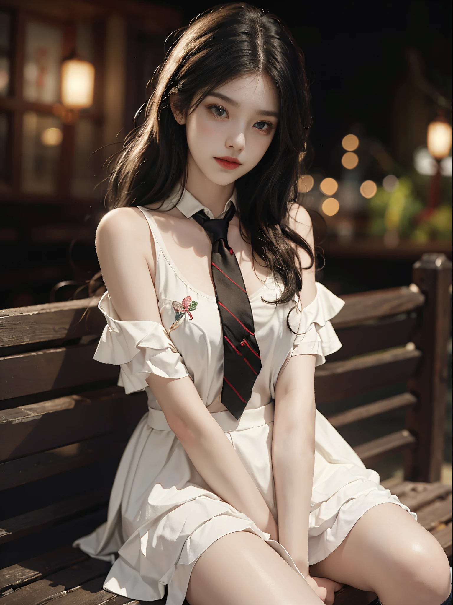 Special clothes52,pleated skirt,necktie,thighhighs,,fashi-girl, red lips, mature female, makeup, Big eyes, Pretty eyes, ((full body)), ((Random shooting angles)), (best quality, masterpiece:1.2), ultra-detailed, (realistic:1.37), beautiful, youthful, glamorous model with (detailed eyes, detailed lips, extremely detailed eyes), with white and floral colors, showcasing a radiant smile, creating a breathtaking depiction of a girl, Warm tones, extremely high color saturation, official art, extremely detailed CG unified 8k wallpaper,(High dynamic range :1.4), (cinematic),(soft colors, dull colors, soothing tones :1.3), (natural skin texture, ultra-realistic, soft light, sharp),(very detailed), Night, moonlight, In an antique pavilion, sit on a bench against the guardrail