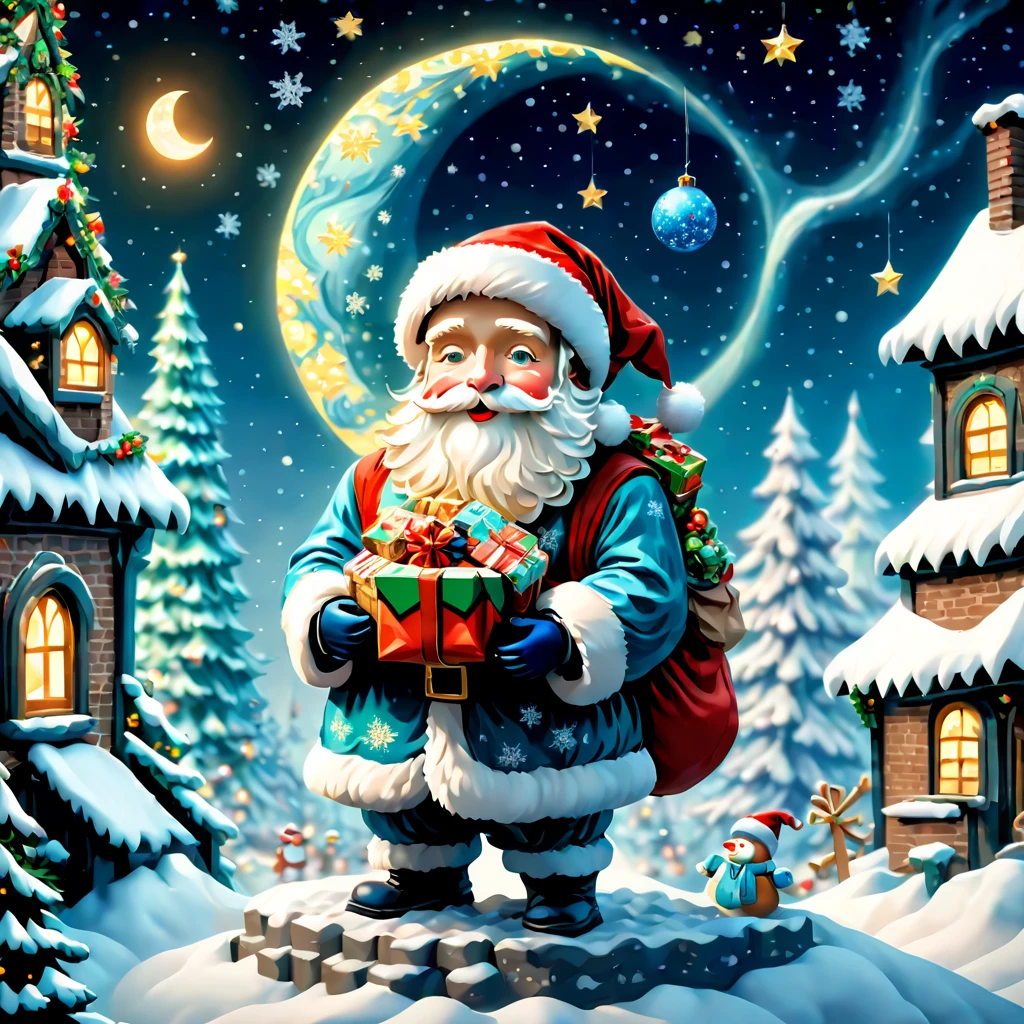 (tmasterpiece),(ultra - detailed: 1.3),Best quality,glittery,Fantasy Christmas World,(Christmas in the style of Van Gogh: 1.5), themoon,(Snowy night in Christmas town),((Cute Santa Claus holding list and bag of gifts, Stand on the roof,Trying to climb into the chimney)),robin standing on head,((Christmas tree,Confectionery,Cane sugar,Christmas gifts, Christmas snowman)), and decorations, Cute design style, natta,Skysky,moon full,Shown in this beautiful scene, vibrant with colors、Just the right color,1.4x more realism,hyper HD,(very detailed nipples,Reasonable design,Clear lines,High- sharpness,tmasterpiece,offcial art,movie light effect,8K, Ultra-high saturation,Super high natural saturation), Flat anime style, Minimalist, Flat vector art, flatillustration, adolable,