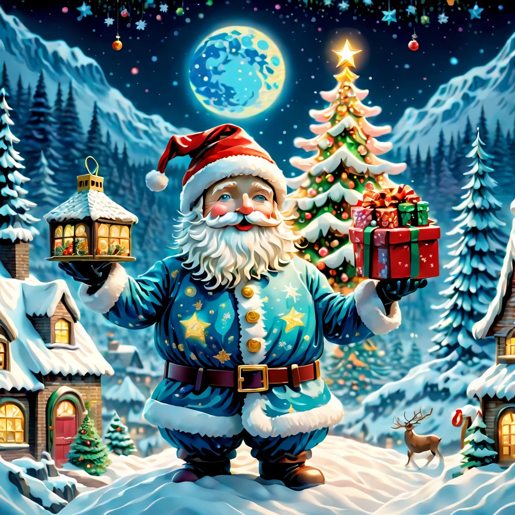 (tmasterpiece),(ultra - detailed: 1.3),Best quality,glittery,Fantasy Christmas World,(Christmas in the style of Van Gogh: 1.5), themoon,(Snowy night in Christmas town),((Cute Santa Claus holding list and bag of gifts, Stand on the roof,Trying to climb into the chimney)),robin standing on head,((Christmas tree,Confectionery,Cane sugar,Christmas gifts, Christmas snowman)), and decorations, Cute design style, natta,Skysky,moon full,Shown in this beautiful scene, vibrant with colors、Just the right color,1.4x more realism,hyper HD,(very detailed nipples,Reasonable design,Clear lines,High- sharpness,tmasterpiece,offcial art,movie light effect,8K, Ultra-high saturation,Super high natural saturation), Flat anime style, Minimalist, Flat vector art, flatillustration, adolable,