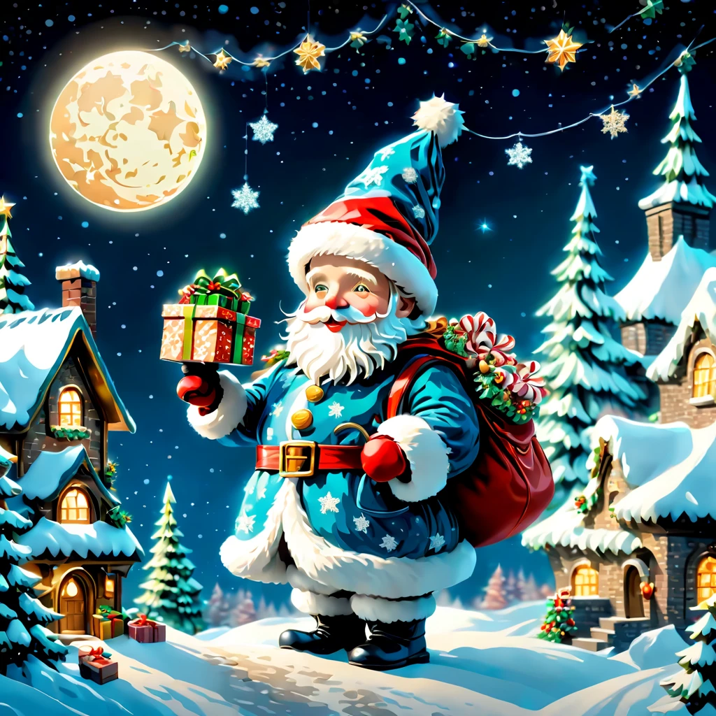 (tmasterpiece),(ultra - detailed: 1.3),Best quality,glittery,Fantasy Christmas World,(Christmas in the style of Van Gogh: 1.5), themoon,(Snowy night in Christmas town),((Cute Santa Claus holding list and bag of gifts, Stand on the roof,Trying to climb into the chimney)),robin standing on head,((Christmas tree,Confectionery,Cane sugar,Christmas gifts, Christmas snowman)), and decorations, Cute design style, natta,Skysky,moon full,Shown in this beautiful scene, vibrant with colors、Just the right color,1.4x more realism,hyper HD,(very detailed nipples,Reasonable design,Clear lines,High- sharpness,tmasterpiece,offcial art,movie light effect,8K, Ultra-high saturation,Super high natural saturation), Flat anime style, Minimalist, Flat vector art, flatillustration, adolable,