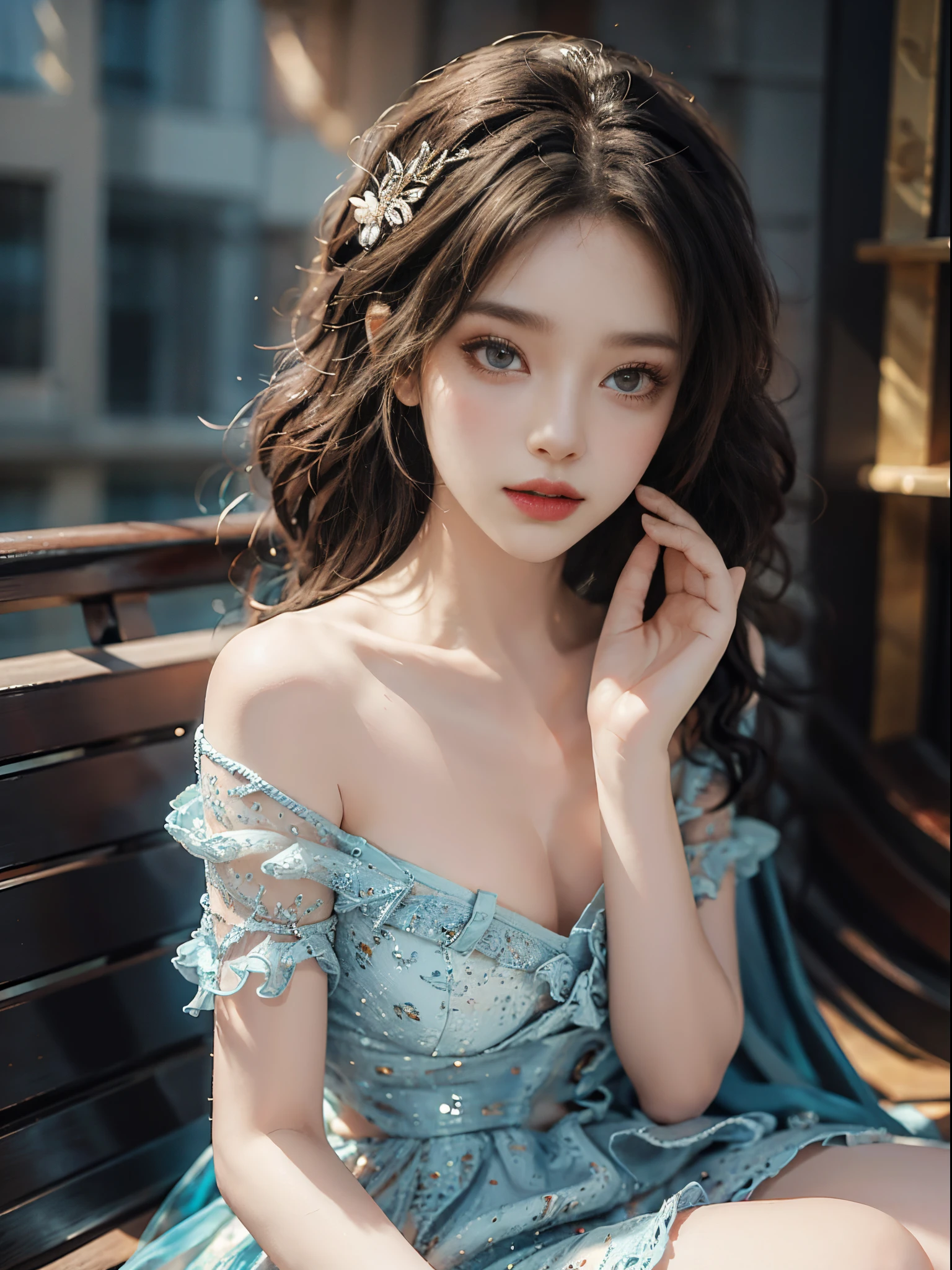 Special clothes46,strapless dress,fashi-girl, red lips, mature female, makeup, Big eyes, Pretty eyes, ((full body)), ((Random shooting angles)), (best quality, masterpiece:1.2), ultra-detailed, (realistic:1.37), beautiful, youthful, glamorous model with (detailed eyes, detailed lips, extremely detailed eyes), with white and floral colors, showcasing a radiant smile, creating a breathtaking depiction of a girl, Warm tones, extremely high color saturation, official art, extremely detailed CG unified 8k wallpaper,(High dynamic range :1.4), (cinematic),(soft colors, dull colors, soothing tones :1.3), (natural skin texture, ultra-realistic, soft light, sharp),(very detailed), Night, moonlight, In an antique pavilion, sit on a bench against the guardrail