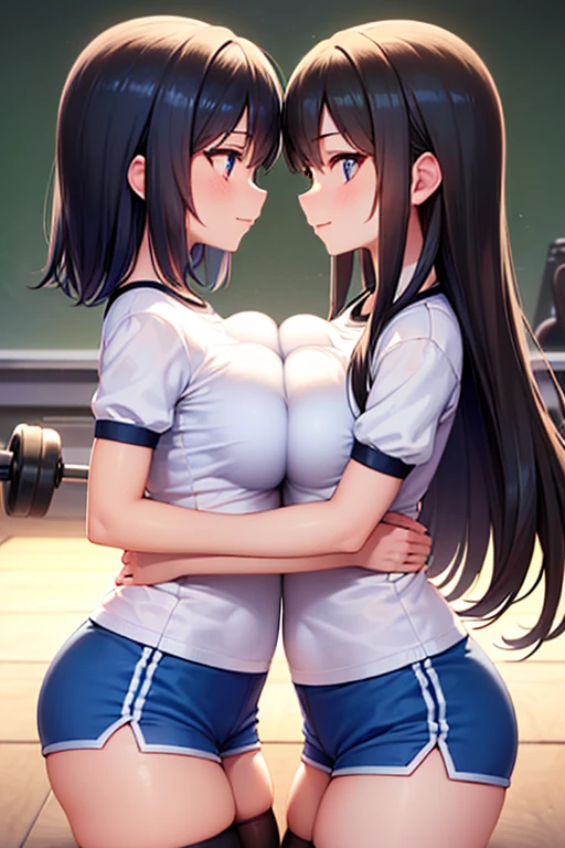 (masterpiece, best quality, ultra-detailed, best shadow), (detailed background), (beautiful detailed face, beautiful detailed eyes), high contrast, (best illumination, an extremely delicate and beautiful), colorful, (2girls:1.2), cute girls, (hug, symmetrical docking, breast press:1.4), crushed breasts, (eye contact, looking at another:1.5), cowboy shot, classroom, long hair, black hair, (gym clothes, white shirt, short sleeves, blue shorts, black thighhighs:1.3), large breasts