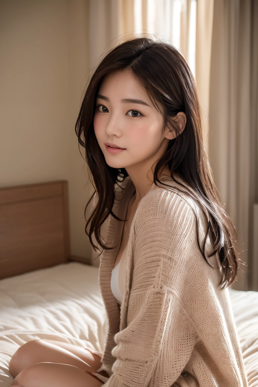 (top-quality、8K、32K、masterpiece,)Beautuful Women、blushing、Sitting on the bed、Wet hair、wearing a loose cardigan、((real face))profile、profile、Warm atmosphere((no makeup on my face)Transparency、natural soft light、Sunlight、Illuminated by light