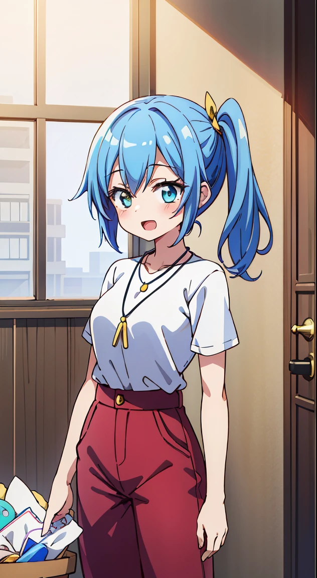 (masutepiece, Best Quality, Perfect Anatomy, High quality:1.4), nice hand, Perfect hands, Detailed beautiful hands, Large_filesize, fulcolor, hight resolution, symmetric, exceptional, Best aesthetic, newest, Anime, very beautiful detailed body,The hair,faces,The eye, , BREAK,
1 beautiful girl, 1 person,Solo,(Cute:1.5),(Chibi:0.6),(kawaii:1.5),(Lori:0.5),(17 years old girl),Very detailed,colourfull,highest details,Clear skin,Beautiful skin,Shy,Very detailed,colourfull,highest details,Clear skin,Beautiful skin,Shy skin,1 beautiful girl,{Heterochromia,blue eyess,verd s eyes:1.9},star eye silhouette, BREAK,(pale blue hair, Medium length:1.4),(Side Ponytail,A little curly hair,Single-sided twisted blade,Princess Cut:1.3),(cleavage of the breast,Large breasts,Beautiful , gleaming skin,Clear skin, Beautiful skin,(best quality face),(Top quality glowing eyes), (The best smile,Doya face:1.45), BREAK,
girl, black eyelashless hair), (red hairband, Braid hair), (Mushrooms on the head),
Break HA,
(light yellow blouse:1.2), (wide pants skirt, red pants skirt:1.2), blue pendant necklace, (Flat color),
BREAK,(morning), inside in room,A room in a dilapidated apartment,Tatami mats,window,Chabudai,unit bath door,entranceway,scattered diapers,naked girl poster,coke,on back, tusk, Open mouth, Looking away,depth of fields,
BREAK,wakame,wakame,wakame,(Cowboy Shot:1.4),
BREAK,(Blurry background:1.3),(absurderes, hight resolution, Super Detail Art),cel shading,Clear Color, Lonely optical effect, Beautiful pictures, Bright glow, mystic atmosphere,(Close-up of girl:1.1), Mystical light particle effect,manga influence, clean line drawings,