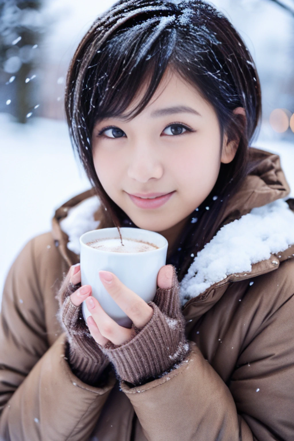 Cute Japanese woman with a short cut enjoying hot cocoa in the snow、It's snowing、Photorealsitic, highcontrast, 8K HD, detaileds, realistic skin textures, top-quality, 超A high resolution, Raw photo, Dramatic Lighting, unrealengine, Short-cut hairstyles,Beautiful girl model,detaile, hyperdetails, realistic skin textures,Very meticulously