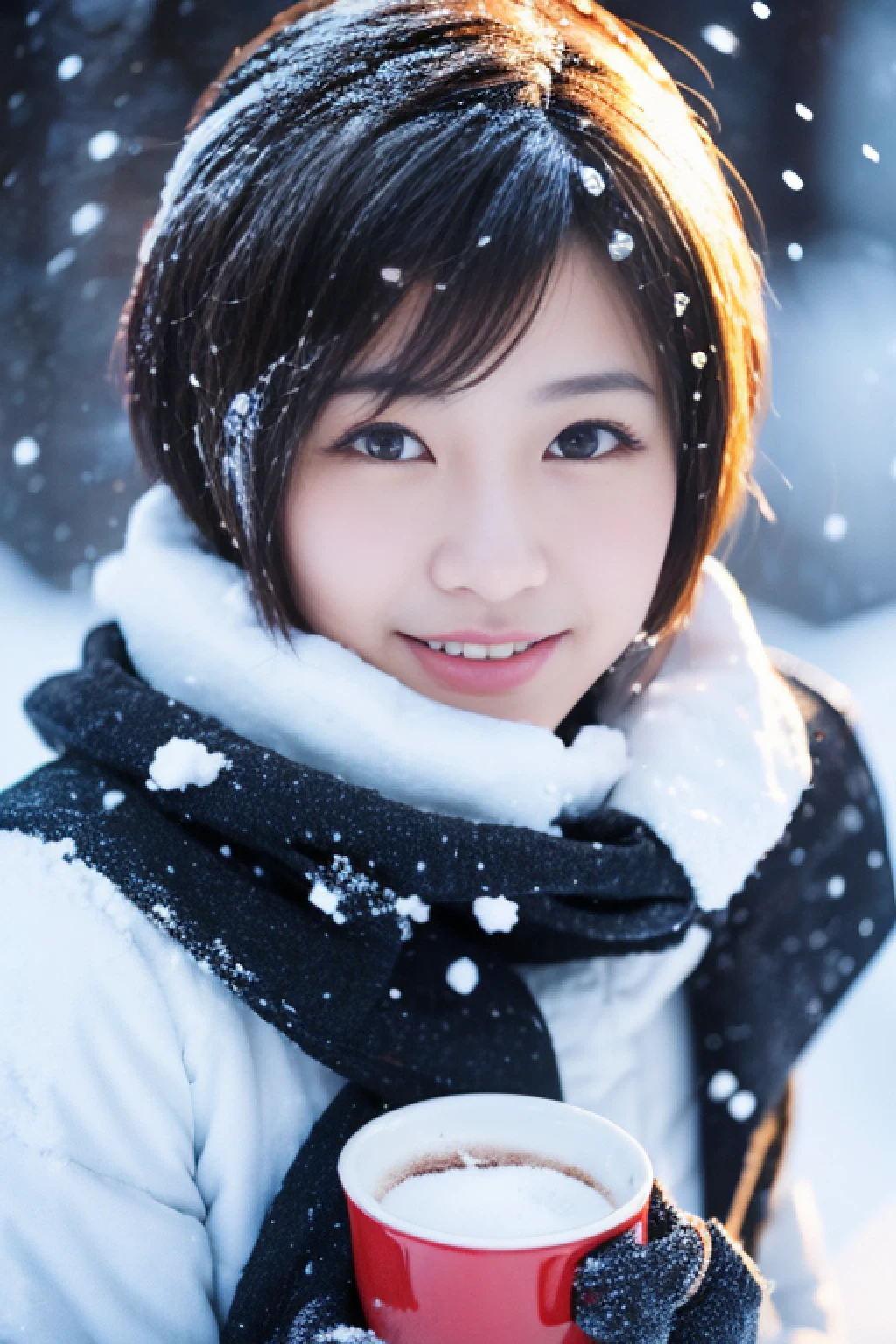 Cute Japanese woman with a short cut enjoying hot cocoa in the snow、It's snowing、Photorealsitic, highcontrast, 8K HD, detaileds, realistic skin textures, top-quality, 超A high resolution, Raw photo, Dramatic Lighting, unrealengine, Short-cut hairstyles,Beautiful girl model,detaile, hyperdetails, realistic skin textures,Very meticulously