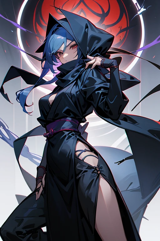 Mysterious female ninja in her late 20s.、Wear less revealing clothing、cabelos preto e longos、dark blue cloak and hood、crimson scarf、Cover your mouth with a scarf、Cold expression、slender and tall、arma: very thin steel wire、Only one eye looks like a reptile、Akame、Anime style full body character image art