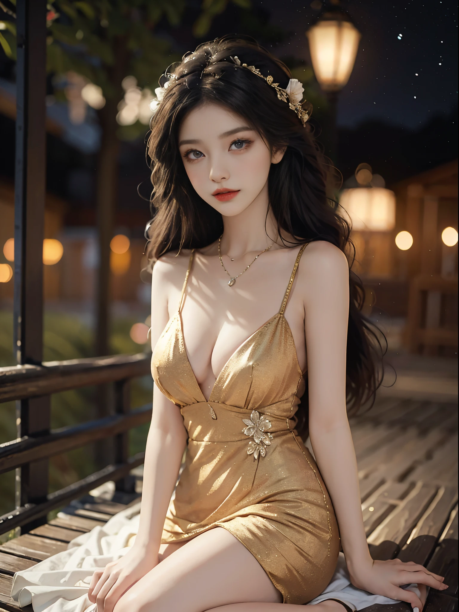 Glitter bead dress11,fashi-girl, red lips, mature female, makeup, Big eyes, Pretty eyes, ((full body)), ((Random shooting angles)), (best quality, masterpiece:1.2), ultra-detailed, (realistic:1.37), beautiful, youthful, glamorous model with (detailed eyes, detailed lips, extremely detailed eyes), with white and floral colors, showcasing a radiant smile, creating a breathtaking depiction of a girl, Warm tones, extremely high color saturation, official art, extremely detailed CG unified 8k wallpaper,(High dynamic range :1.4), (cinematic),(soft colors, dull colors, soothing tones :1.3), (natural skin texture, ultra-realistic, soft light, sharp),(very detailed), Night, moonlight, In an antique pavilion, sit on a bench against the guardrail