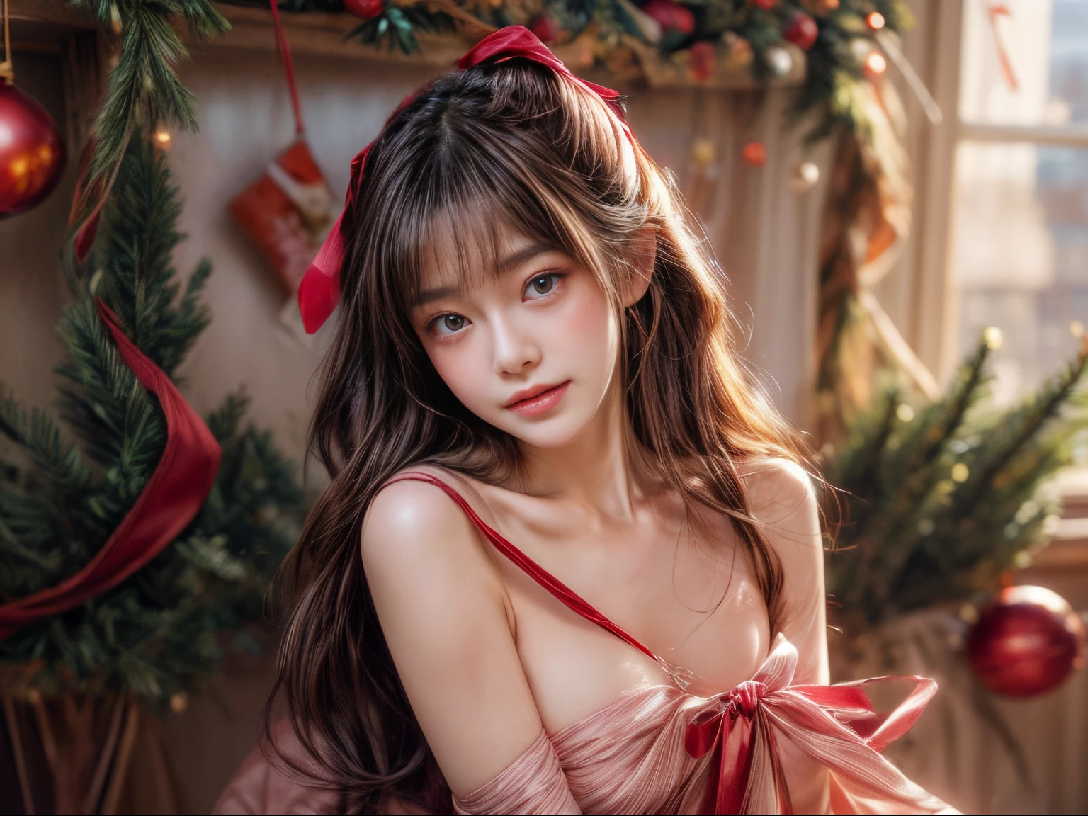 masterpiece、8K、32K、top-quality、(A detailed eye)、(A cute Japanese woman、bangss)、23years old、1 girl in、elegent、(Detailed background depiction、portlate:1.2)、(blushed face、ssmile:1.5)、(illuminations、Christmas:1.3)、(Semi-undressing、nude)、(The ribbon got tangled around my body.:1.5)、beauty legs、tits out