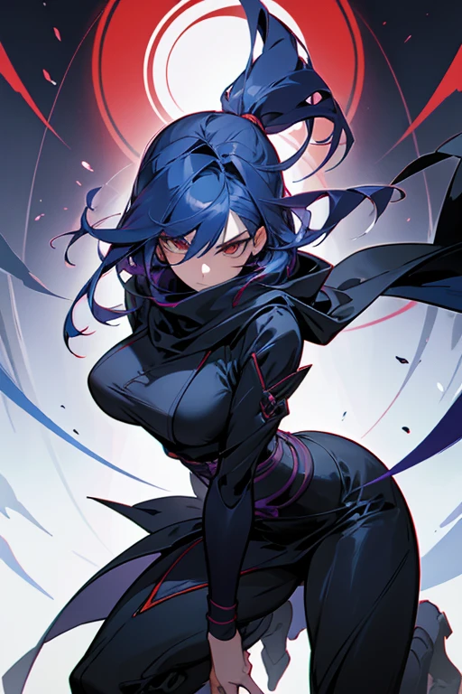 Mysterious female ninja in her late 20s.、Wear less revealing clothing、cabelos preto e longos、dark blue cloak and hood、crimson scarf、Cover your mouth with a scarf、Cold expression、slender and tall、arma: very thin steel wire、Only one eye looks like a reptile、Akame、Anime style full body character image art