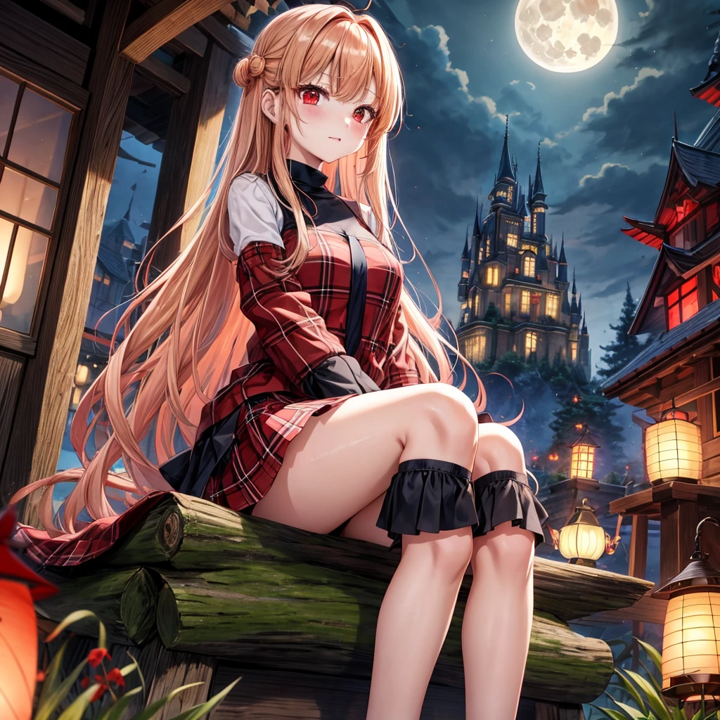 Red-blonde、red eyes、one good looking girl、独奏、animesque、lightly dressed、Plaid miniskirt、wetting hair、sitting on、Black T-shirt、rotting wood、fullmoon、monster castle、lantern,