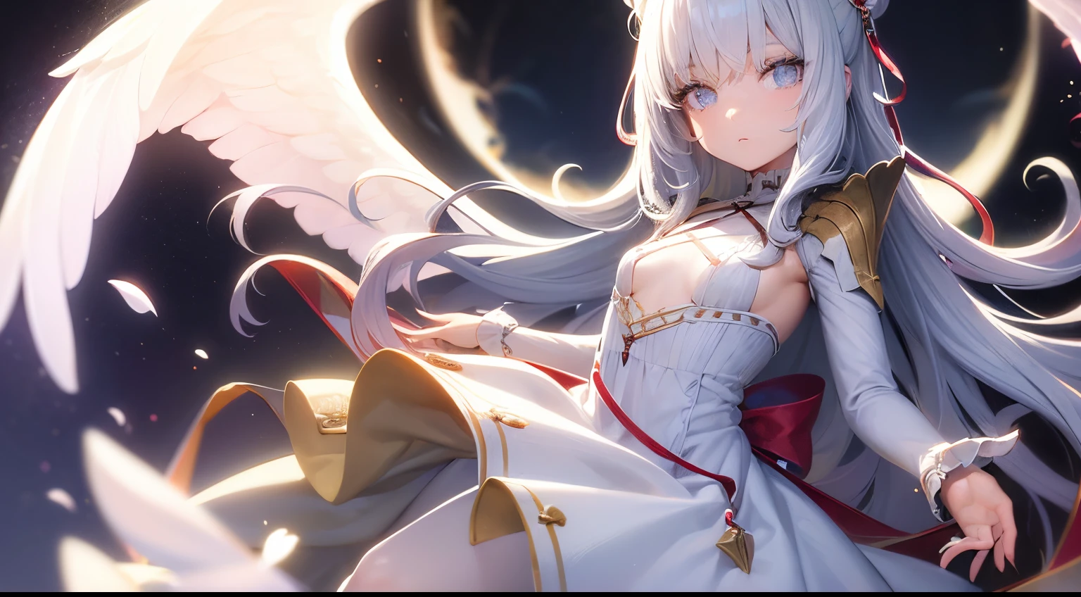 le malin holding a flower in garden, sun shining, better hands, better finger, thumb, index finger, middle finger, little finger, detailed hands, eyes,symbol-shaped pupils, detailed face, white _dress, solo, double bun, blue eyes, very long hair, hair bun, angel_wings, white_legwear, bright at night, volumetric lighting, flat lighting, photo, oil painting, beautiful, extremely detailed, HD, 1girl, small breasts, solo,double bun,bow,white hair, long hair,sidelocks,blue hair ribbon,ribbon,long sleeves, white dress,pleated dress,thighband pantyhose,