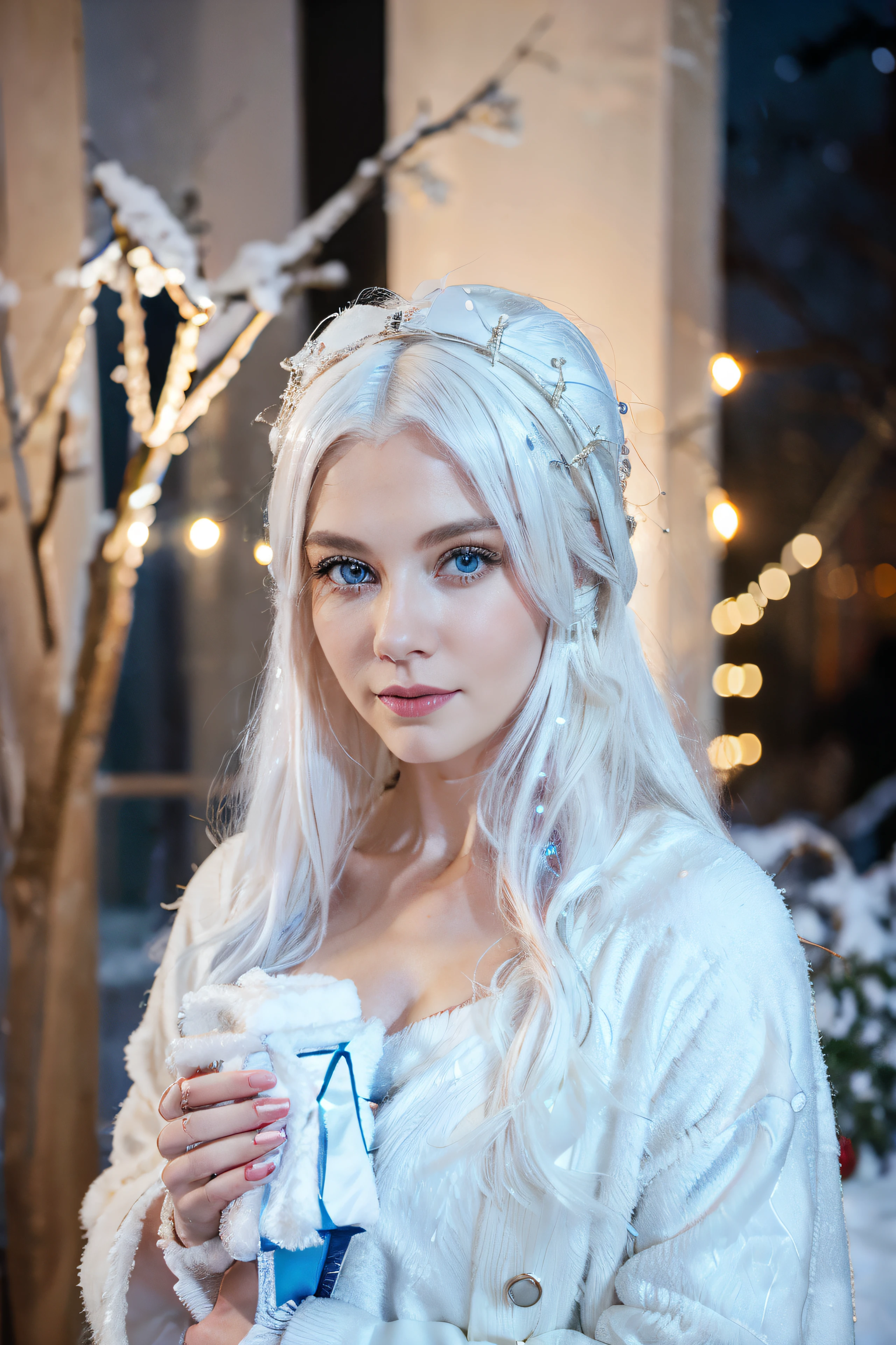 Woman with gray hair, blue eyes, Christmas, Gifts, Lights, ermine, snowing, the night, Christmas tree