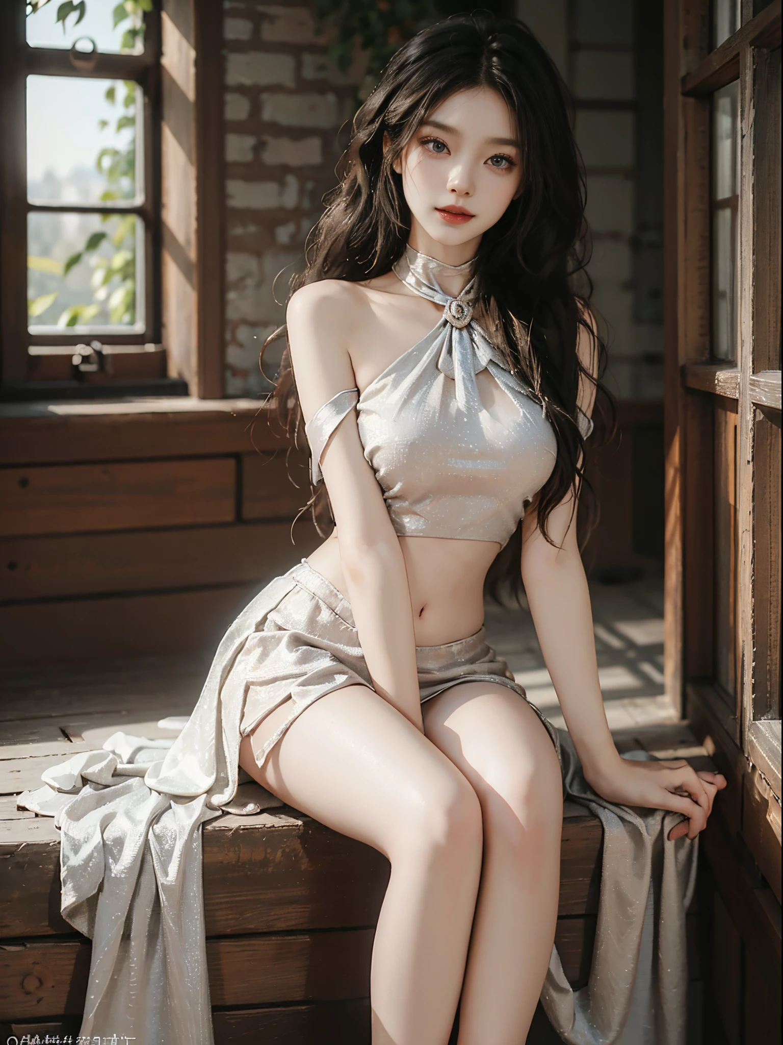 dress,navel,fashi-girl, red lips, mature female, makeup, Big eyes, Pretty eyes, ((full body)), ((Random shooting angles)), (best quality, masterpiece:1.2), ultra-detailed, (realistic:1.37), beautiful, youthful, glamorous model with (detailed eyes, detailed lips, extremely detailed eyes), with white and floral colors, showcasing a radiant smile, creating a breathtaking depiction of a girl, Warm tones, extremely high color saturation, official art, extremely detailed CG unified 8k wallpaper,(High dynamic range :1.4), (cinematic),(soft colors, dull colors, soothing tones :1.3), (natural skin texture, ultra-realistic, soft light, sharp),(very detailed), Night, moonlight, In an antique pavilion, sit on a bench against the guardrail