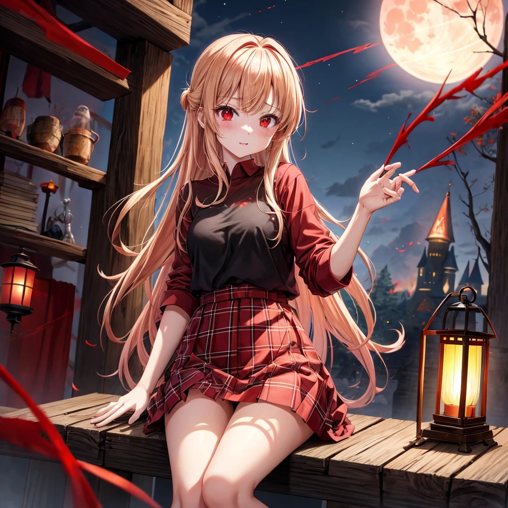 Red-blonde、red eyes、one good looking girl、独奏、animesque、lightly dressed、Plaid miniskirt、wetting hair、sitting on、Black T-shirt、rotting wood、fullmoon、monster castle、lantern、Flying sparks