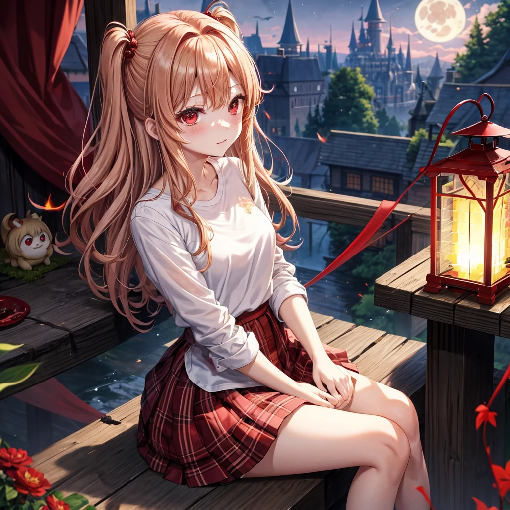 Red-blonde、red eyes、one good looking girl、独奏、animesque、lightly dressed、Plaid miniskirt、wetting hair、sitting on、Black T-shirt、rotting wood、fullmoon、monster castle、lantern、Flying sparks