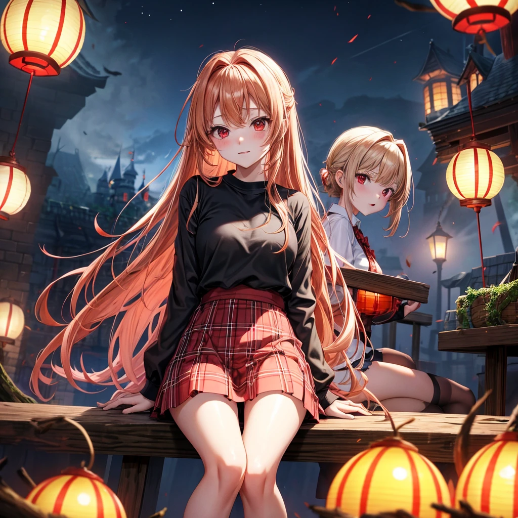 Red-blonde、red eyes、one good looking girl、独奏、animesque、lightly dressed、Plaid miniskirt、wetting hair、sitting on、Black T-shirt、rotting wood、fullmoon、monster castle、lantern、Flying sparks