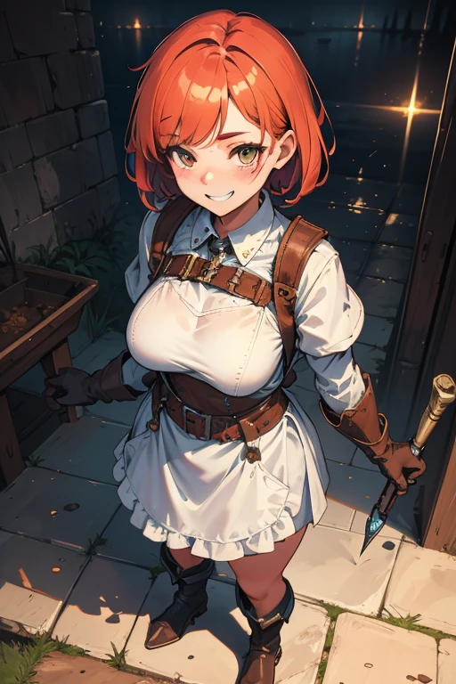 1个Giant Breast Girl, Alone, looking at viewert, tmasterpiece, Best quality at best, dwarven, blacksmith, workshop, mini girls, from the above, Ao olhar para cima, dual horsetail, short detailed hair, goggles. medieval times, Machinary, grinning smile, aprons, tools, toolbelt, hammers, Ginger hair, anvil, smir, Work gloves, Wide hips, a skirt