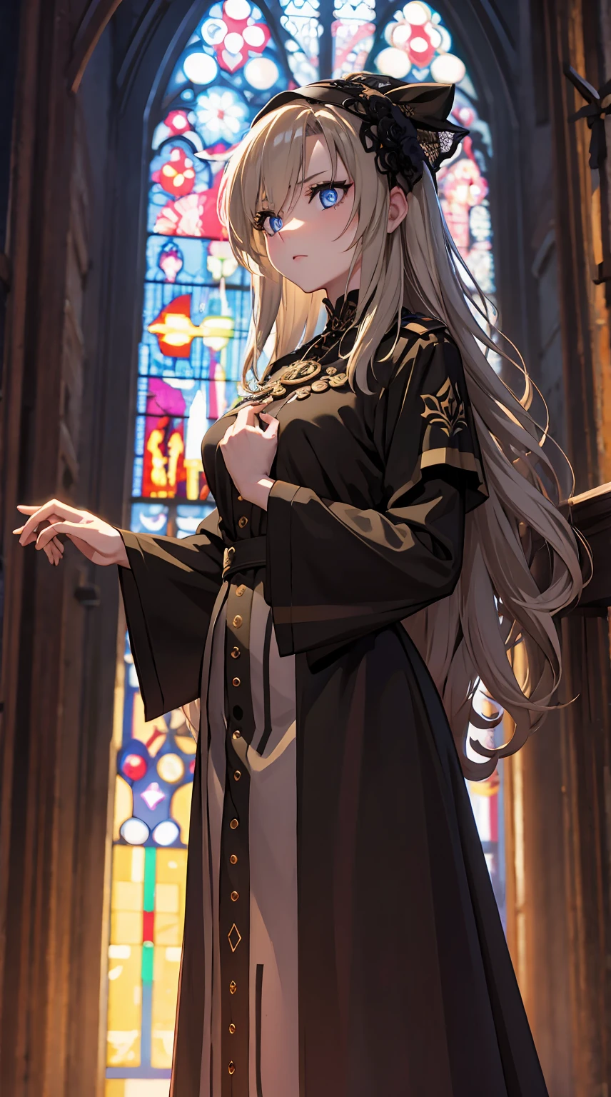 1Girl,she prays,beautiful eyes,best quality, masterpiece, in a dark old church