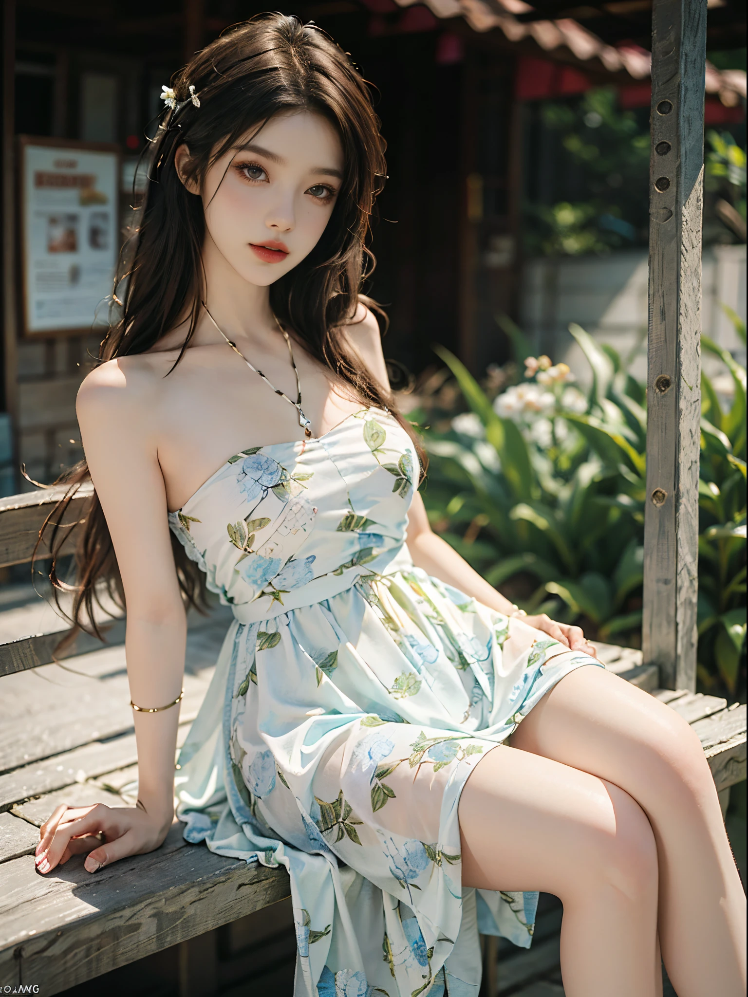 bare shoulders, dress,fashi-girl, red lips, mature female, makeup, Big eyes, Pretty eyes, ((full body)), ((Random shooting angles)), (best quality, masterpiece:1.2), ultra-detailed, (realistic:1.37), beautiful, youthful, glamorous model with (detailed eyes, detailed lips, extremely detailed eyes), with white and floral colors, showcasing a radiant smile, creating a breathtaking depiction of a girl, Warm tones, extremely high color saturation, official art, extremely detailed CG unified 8k wallpaper,(High dynamic range :1.4), (cinematic),(soft colors, dull colors, soothing tones :1.3), (natural skin texture, ultra-realistic, soft light, sharp),(very detailed), Night, moonlight, In an antique pavilion, sit on a bench against the guardrail