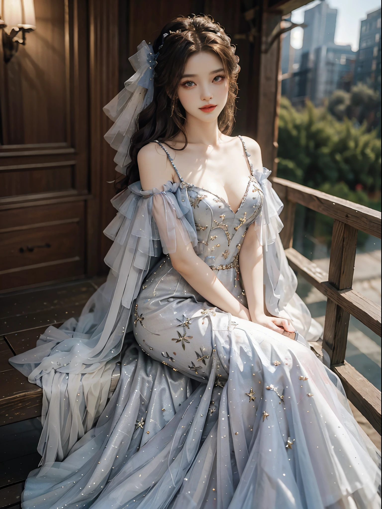long dress,bare shoulders,,fashi-girl, red lips, mature female, makeup, Big eyes, Pretty eyes, ((full body)), ((Random shooting angles)), (best quality, masterpiece:1.2), ultra-detailed, (realistic:1.37), beautiful, youthful, glamorous model with (detailed eyes, detailed lips, extremely detailed eyes), with white and floral colors, showcasing a radiant smile, creating a breathtaking depiction of a girl, Warm tones, extremely high color saturation, official art, extremely detailed CG unified 8k wallpaper,(High dynamic range :1.4), (cinematic),(soft colors, dull colors, soothing tones :1.3), (natural skin texture, ultra-realistic, soft light, sharp),(very detailed), Night, moonlight, In an antique pavilion, sit on a bench against the guardrail