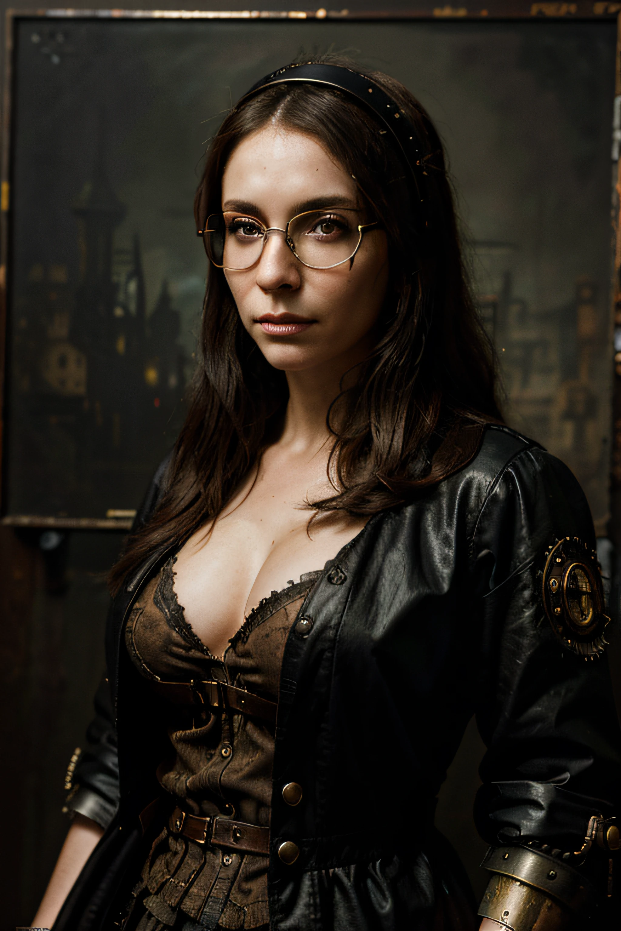 La gioconda, dressed in steampunk style, ciberpunk, glasses on her head, stands tall on a dark grunge background, high detail, Dark atmosphere, painting, Hyperreal photo of, cinematic quality, high detail