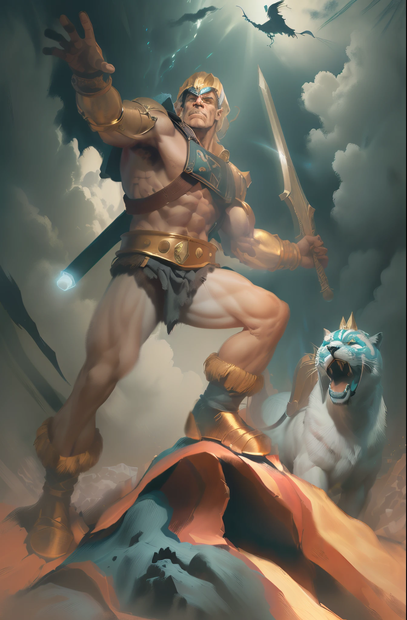 He-Man e o gato de batalha, Estilo RPG, inspirado em Frank Frazetta, Ultra HD