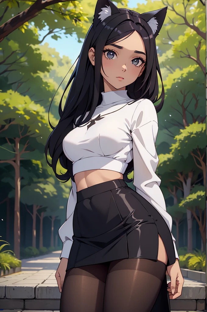 foto de corpo inteiro,cat ears on the head of a beautiful young woman wearing a short skirt, usando meias preta longas e sueterpreto apertado ,corpo inteiro na foto,floresta a noite varias luzes,belas coxas, coxas lindas belhos olhos escuros detalhados, sueter branco apertado,maio apertado , tight pantyhose, mini saia , ceu limpo a noite com estrelas numa floresta a noite,short curto linda jovem, olhos sedutores feminino.CABELO CURTO PRETO((CABELOS CURTO PRETO))