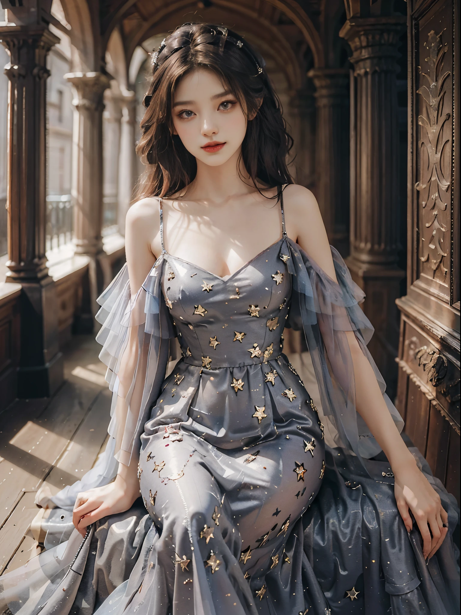 long dress,bare shoulders,,fashi-girl, red lips, mature female, makeup, Big eyes, Pretty eyes, ((full body)), ((Random shooting angles)), (best quality, masterpiece:1.2), ultra-detailed, (realistic:1.37), beautiful, youthful, glamorous model with (detailed eyes, detailed lips, extremely detailed eyes), with white and floral colors, showcasing a radiant smile, creating a breathtaking depiction of a girl, Warm tones, extremely high color saturation, official art, extremely detailed CG unified 8k wallpaper,(High dynamic range :1.4), (cinematic),(soft colors, dull colors, soothing tones :1.3), (natural skin texture, ultra-realistic, soft light, sharp),(very detailed), Night, moonlight, In an antique pavilion, sit on a bench against the guardrail