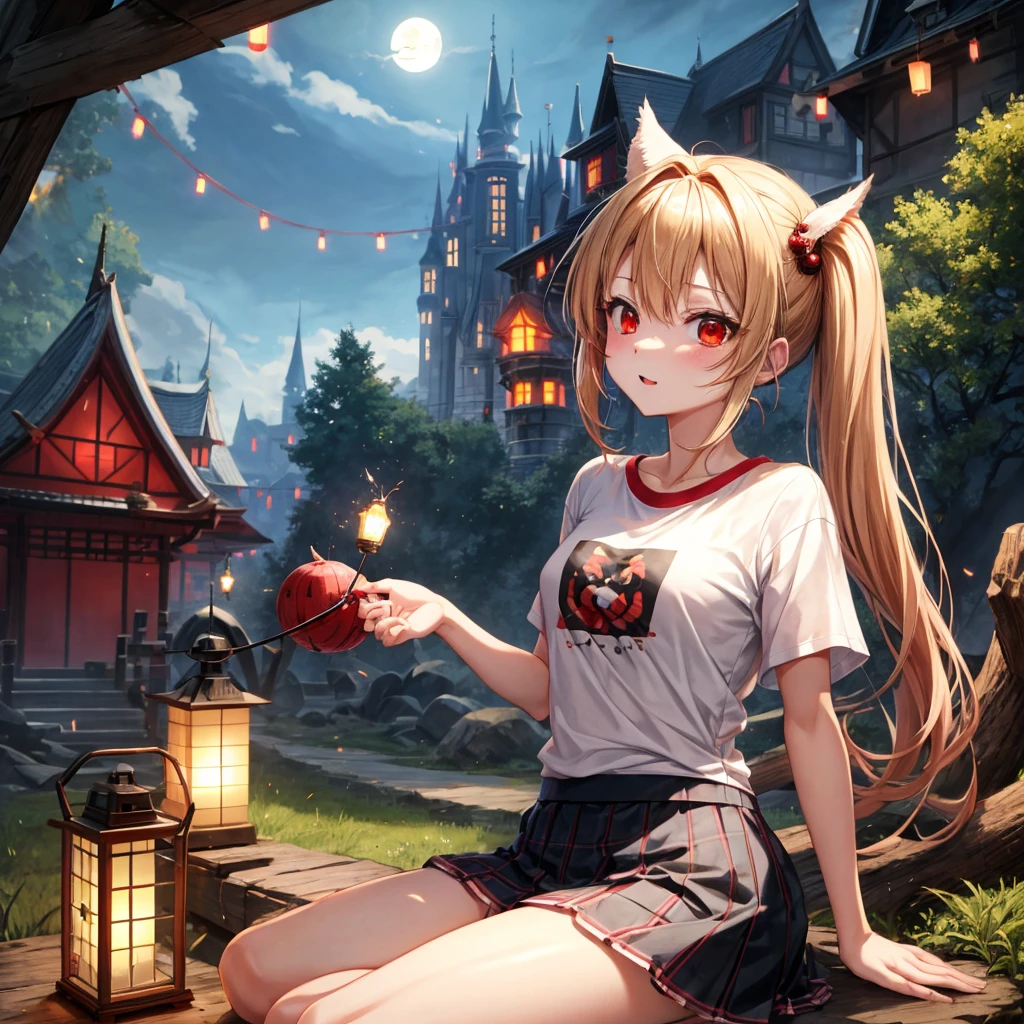 Red-blonde、poneyTail、red eyes、one good looking girl、独奏、animesque、lightly dressed、Plaid miniskirt、wetting hair、Sitting on a rock、Black T-shirt、rotting wood、fullmoon、monster castle、lantern、Flying sparks