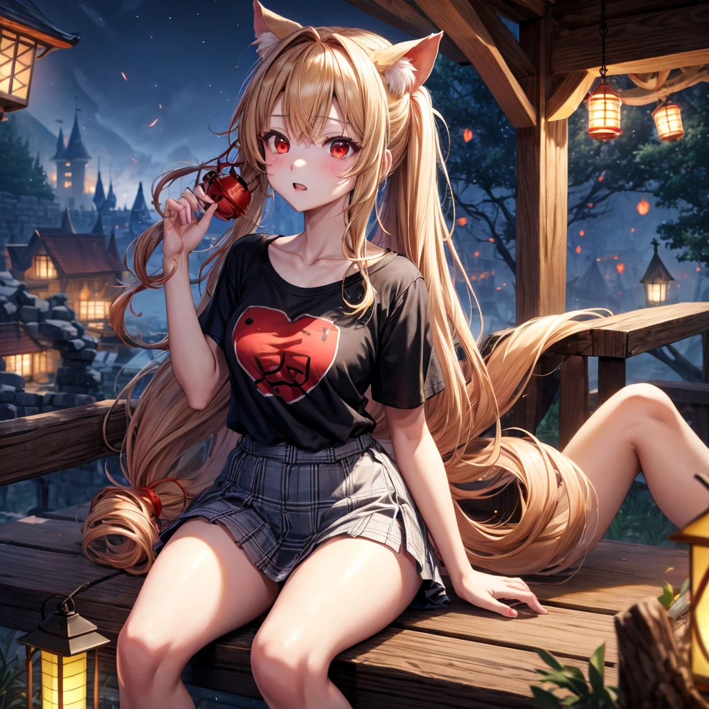 Red-blonde、poneyTail、red eyes、one good looking girl、独奏、animesque、lightly dressed、Plaid miniskirt、wetting hair、Sitting on a rock、Black T-shirt、rotting wood、fullmoon、monster castle、lantern、Flying sparks