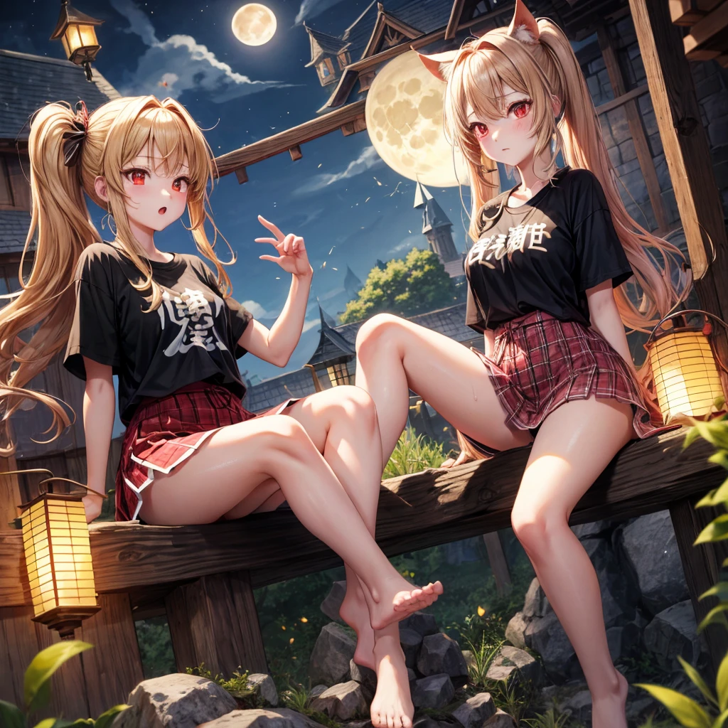 Red-blonde、poneyTail、red eyes、one good looking girl、独奏、animesque、lightly dressed、Plaid miniskirt、wetting hair、Sitting on a rock、Black T-shirt、rotting wood、fullmoon、monster castle、lantern、Flying sparks