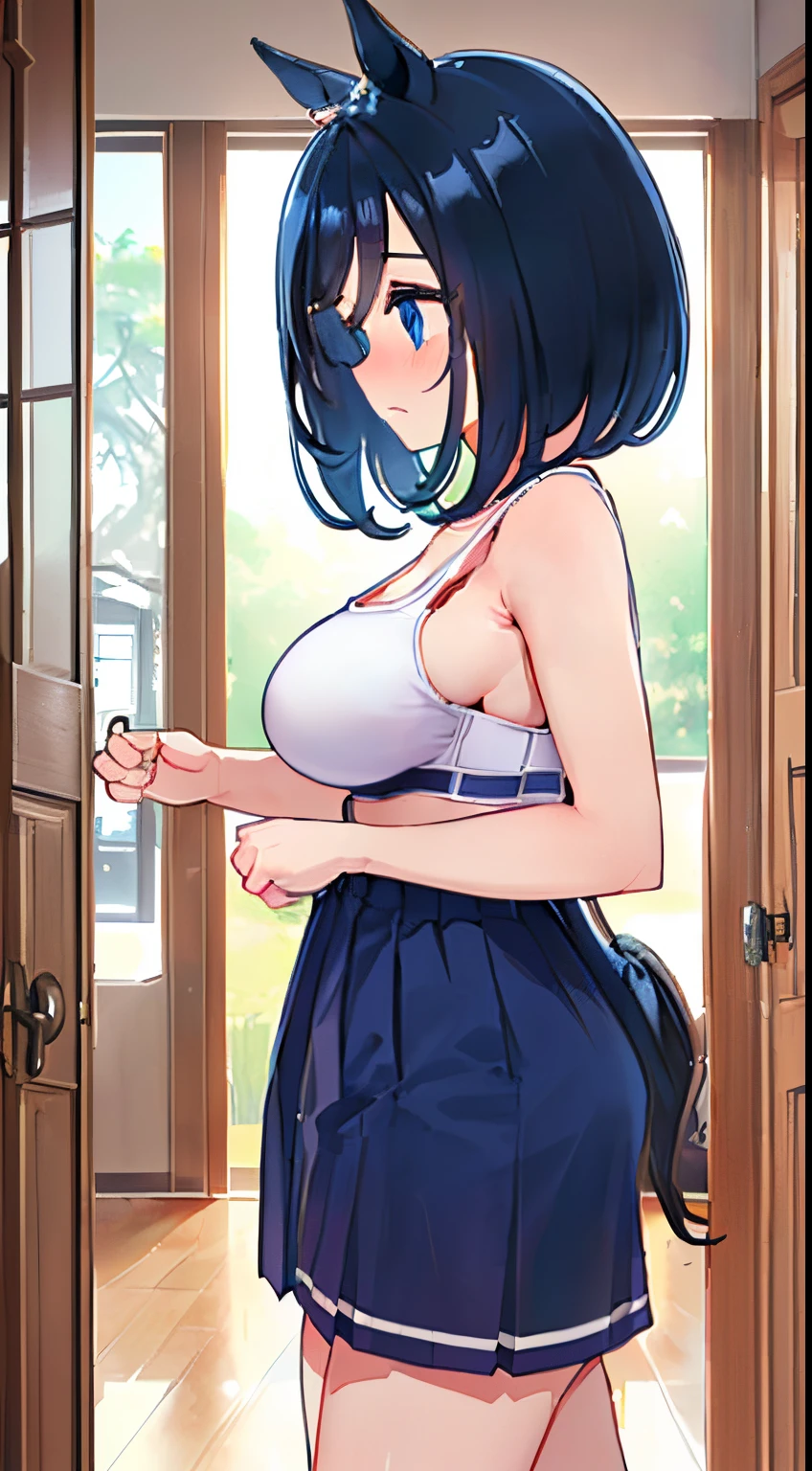 (Best Quality, 16 K, ultra-detailliert, Photorealistic, Beautiful skin, Professional light naughty work}}}, Best Quality, The upper part of the body, eishin flash(Uma Musume), Young girl pose,NSFW, Mansuji, Embarrassed look,report, One girl, large full breasts, I can see the streak, R-18, NSFW,Side view 1 girl,(Looking away:1.2), profile, (uniforms are exchanged, in class room,take off uniform, Black bra,Underwear:1.3), (Standing;1.2), thighs thighs thighs thighs, standing,(bed room ,door, doorway, indoors, opening door:1.3)