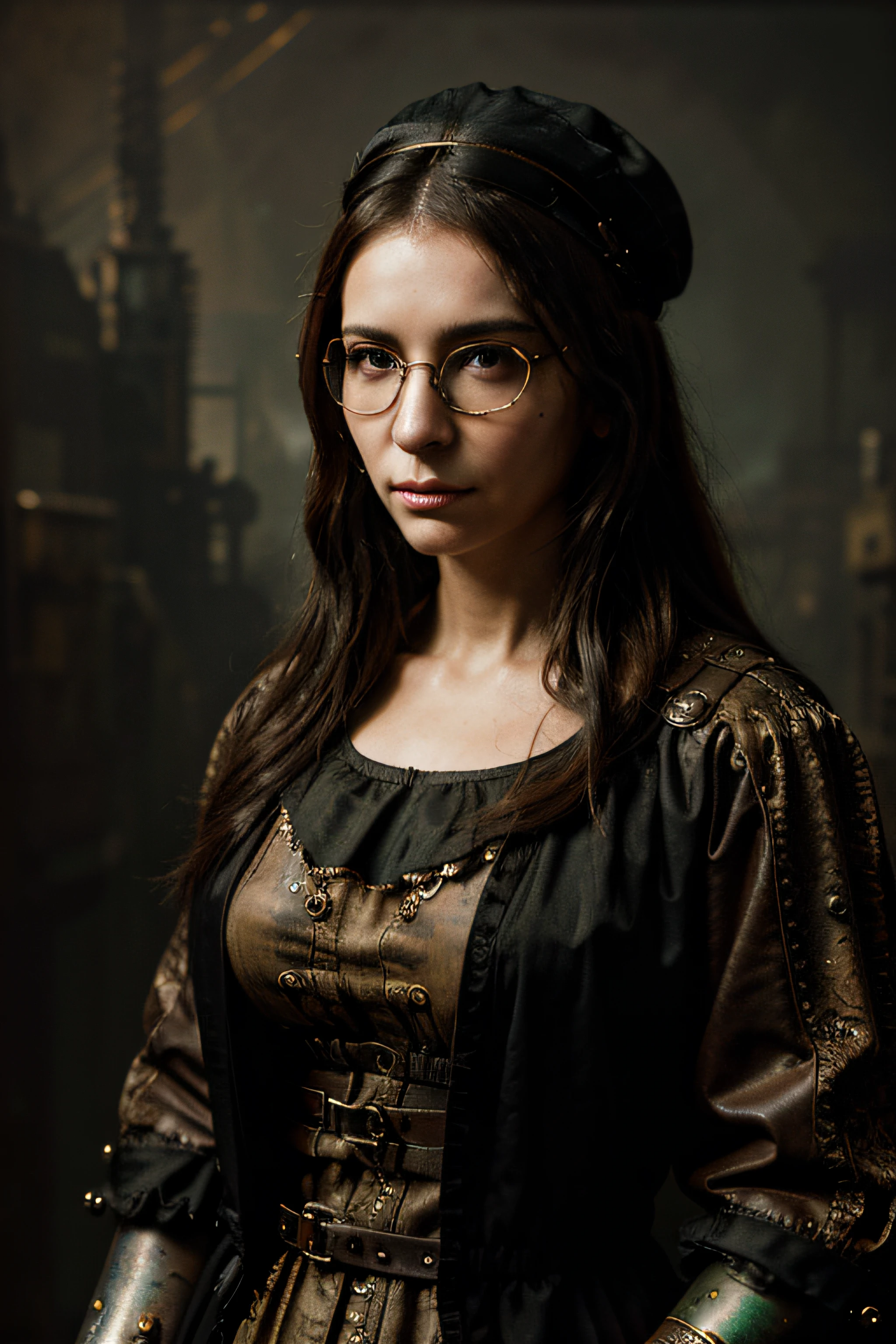 La gioconda, dressed in steampunk style, ciberpunk, glasses on her head, stands tall on a dark grunge background, high detail, Dark atmosphere, painting, Hyperreal photo of, cinematic quality, high detail
