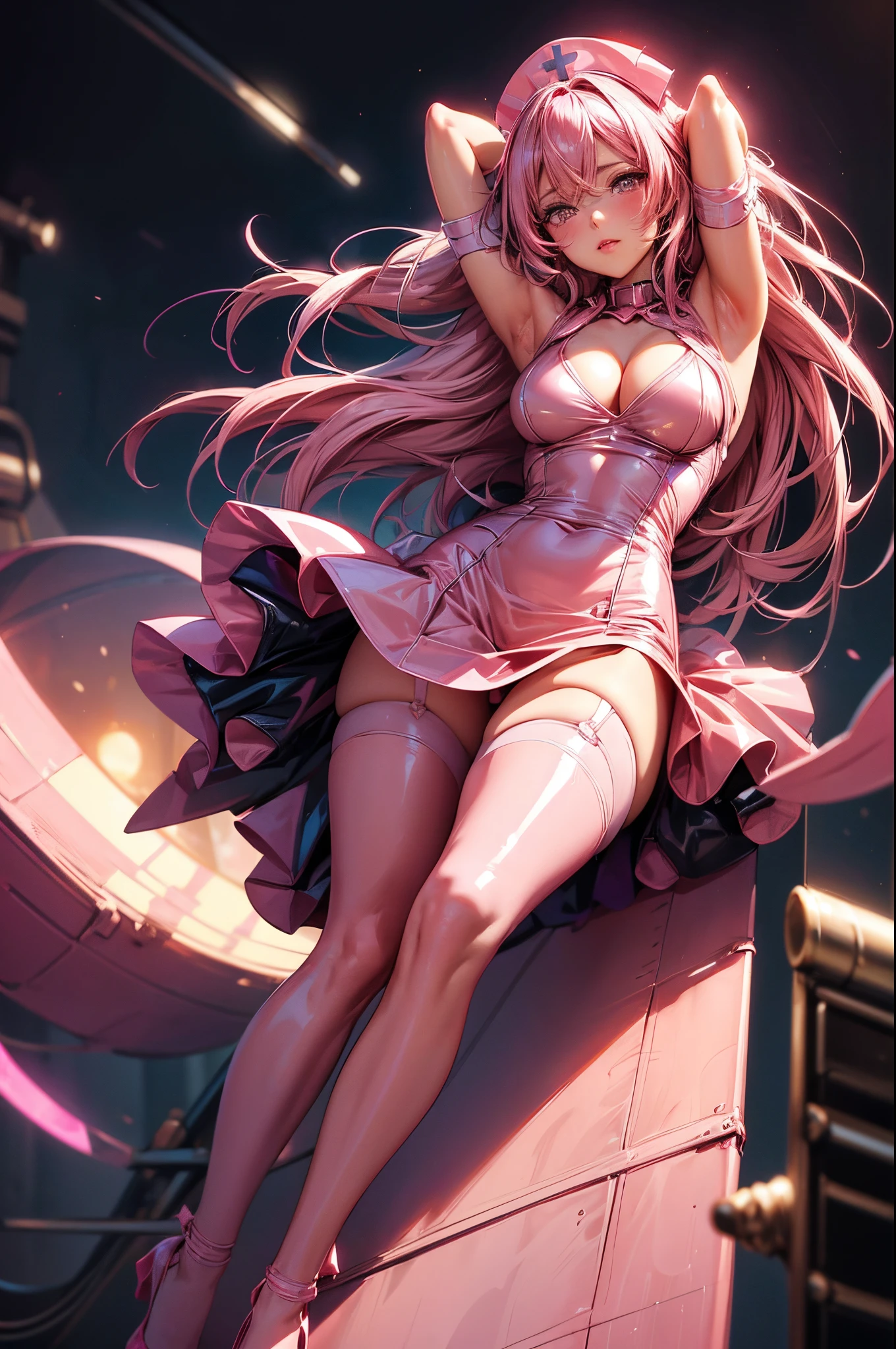 anime girl in shiny pink latex tube dress posing for camera, showing lots of skin, seductive anime girl, beautiful woman, excited and blushing, detailed face, (nurse hat), long pink hair, looking down at camera, 8k, very detailed, (visible string thong), cleavage, (long pink latex gloves), pink latex stockings, garters, strip club background, dark, spotlight on girl, upskirt camera shot, (hands behind head, armpits exposed, on knees, on the ground), collar, open chest, tits prominent, bellybutton, high heels,