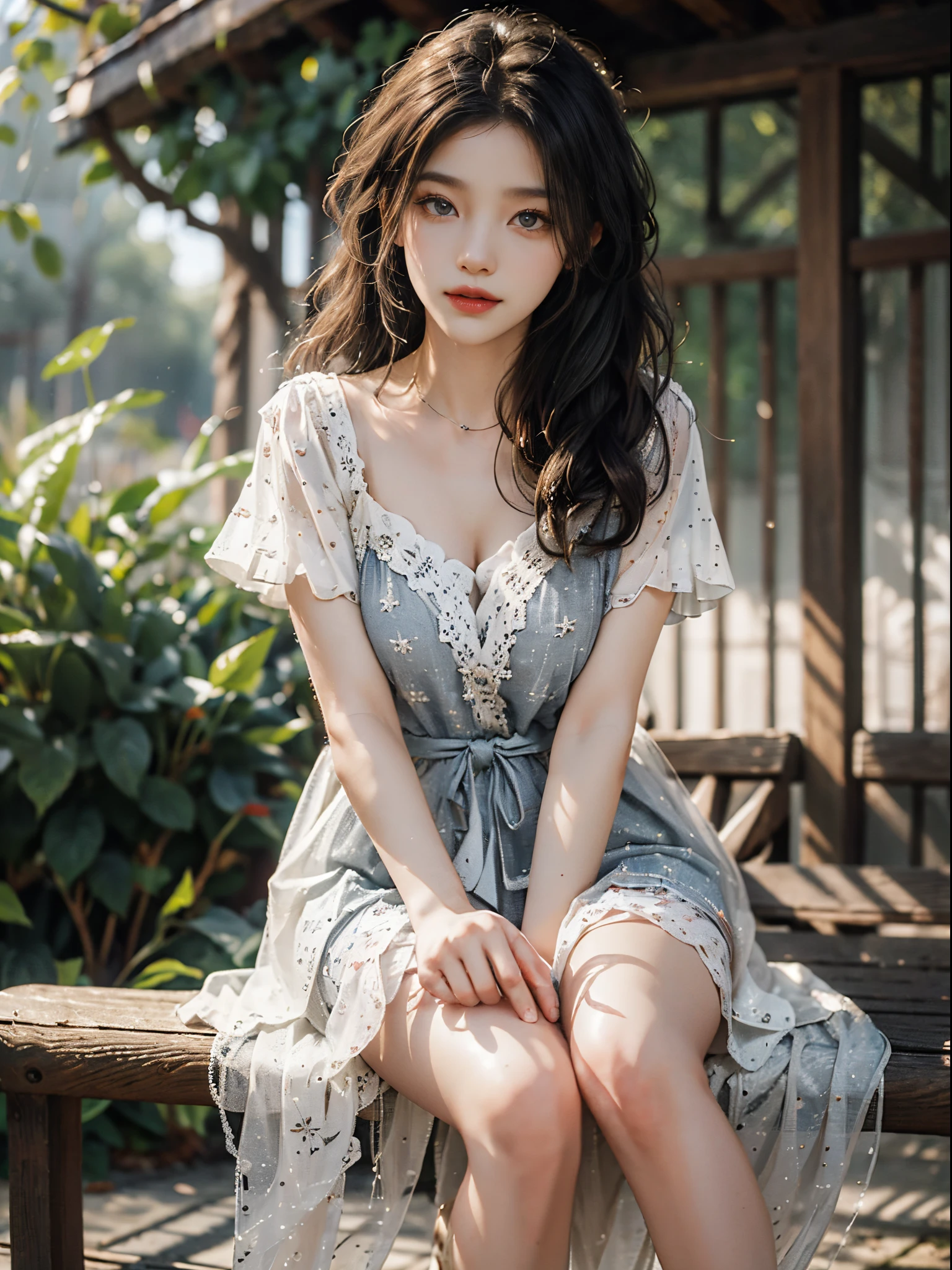 blue skirt,shirt,fashi-girl, red lips, mature female, makeup, Big eyes, Pretty eyes, ((full body)), ((Random shooting angles)), (best quality, masterpiece:1.2), ultra-detailed, (realistic:1.37), beautiful, youthful, glamorous model with (detailed eyes, detailed lips, extremely detailed eyes), with white and floral colors, showcasing a radiant smile, creating a breathtaking depiction of a girl, Warm tones, extremely high color saturation, official art, extremely detailed CG unified 8k wallpaper,(High dynamic range :1.4), (cinematic),(soft colors, dull colors, soothing tones :1.3), (natural skin texture, ultra-realistic, soft light, sharp),(very detailed), Night, moonlight, In an antique pavilion, sit on a bench against the guardrail