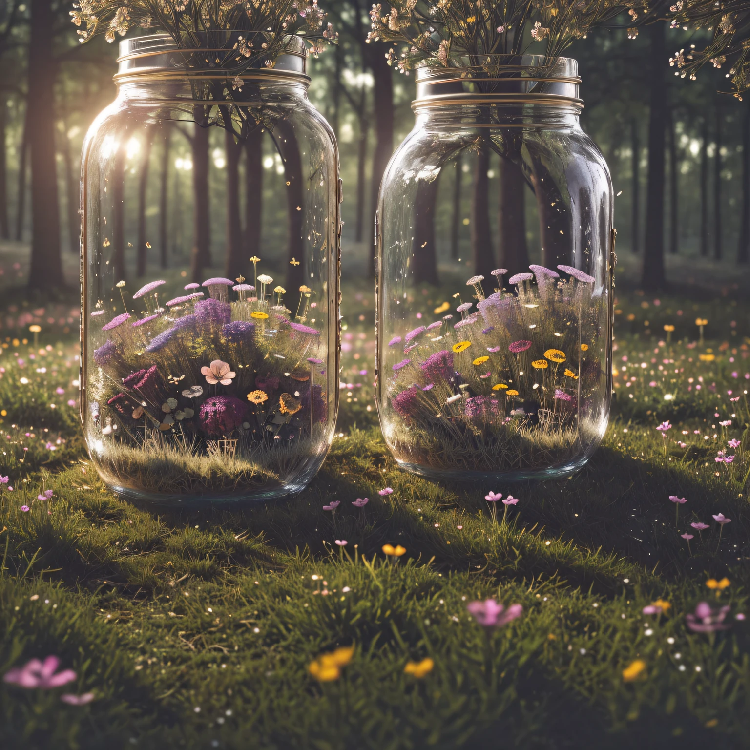 (An intricate magical meadow trapped in a jar), atmospheric Oliva lighting, enchanting forest, 4k UHD, dark vibes, sparkling lights, flowers, hyper detailed, vibrant colors forest background, epic composition, octane render, sharp focus, high resolution isometric