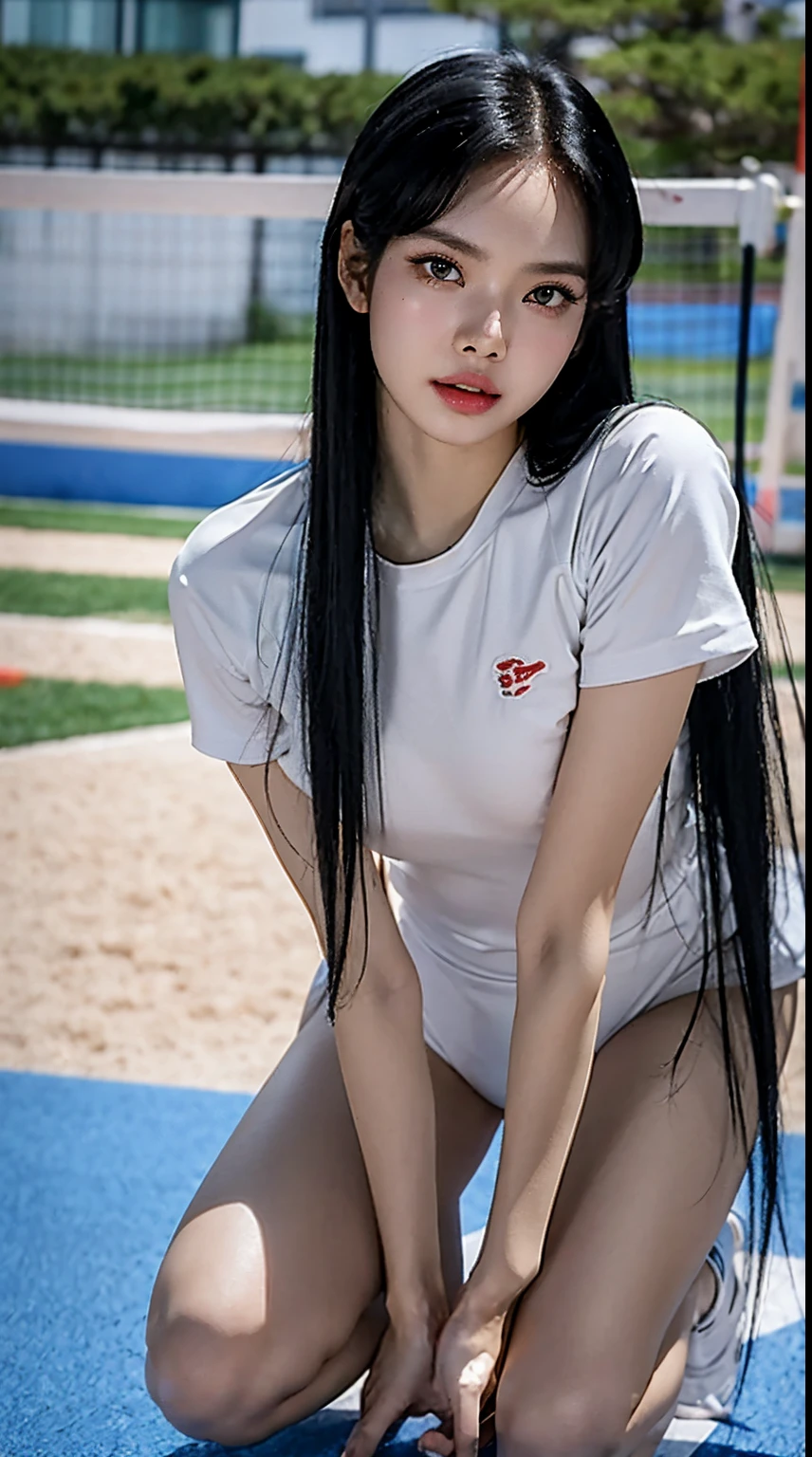 ​masterpiece:1.2、top-quality)、realisitic、(Authentic Photos、intricate detailes、depth of fields)、(1 girl in、独奏)、make - up、Parted lips、Highly detailed perfect face、(mideum :1.4)、Constriction、tall、Shiny coral lips、Red hair、red eyes、poneyTail、（A girl playing volleyball、White Volleyball Uniform）、（Sweating：1.2）、（wet​）、A sexy、relush、crouching down、spread legl toe